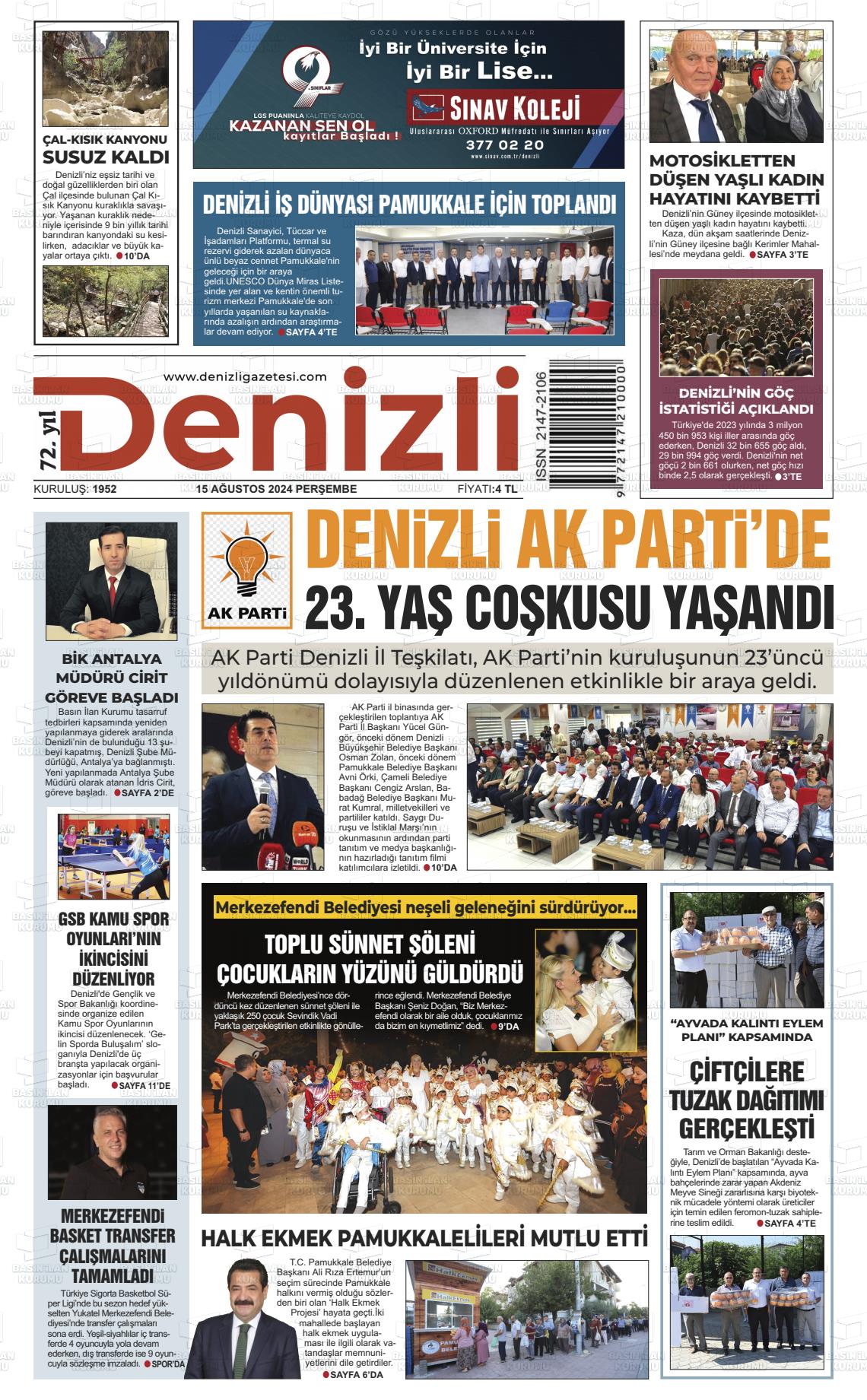 15 Ağustos 2024 Denizli Gazete Manşeti