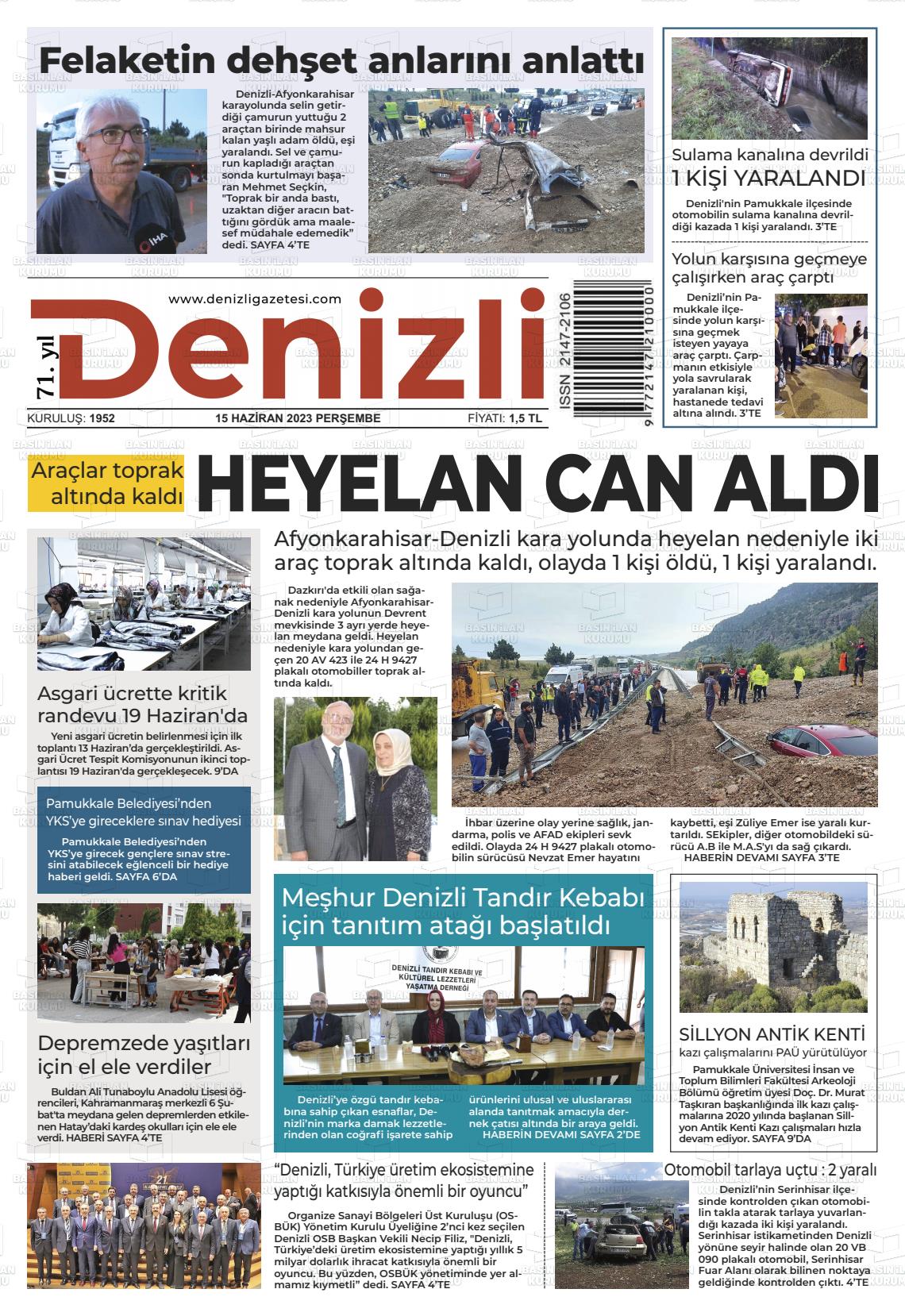 15 Haziran 2023 Denizli Gazete Manşeti