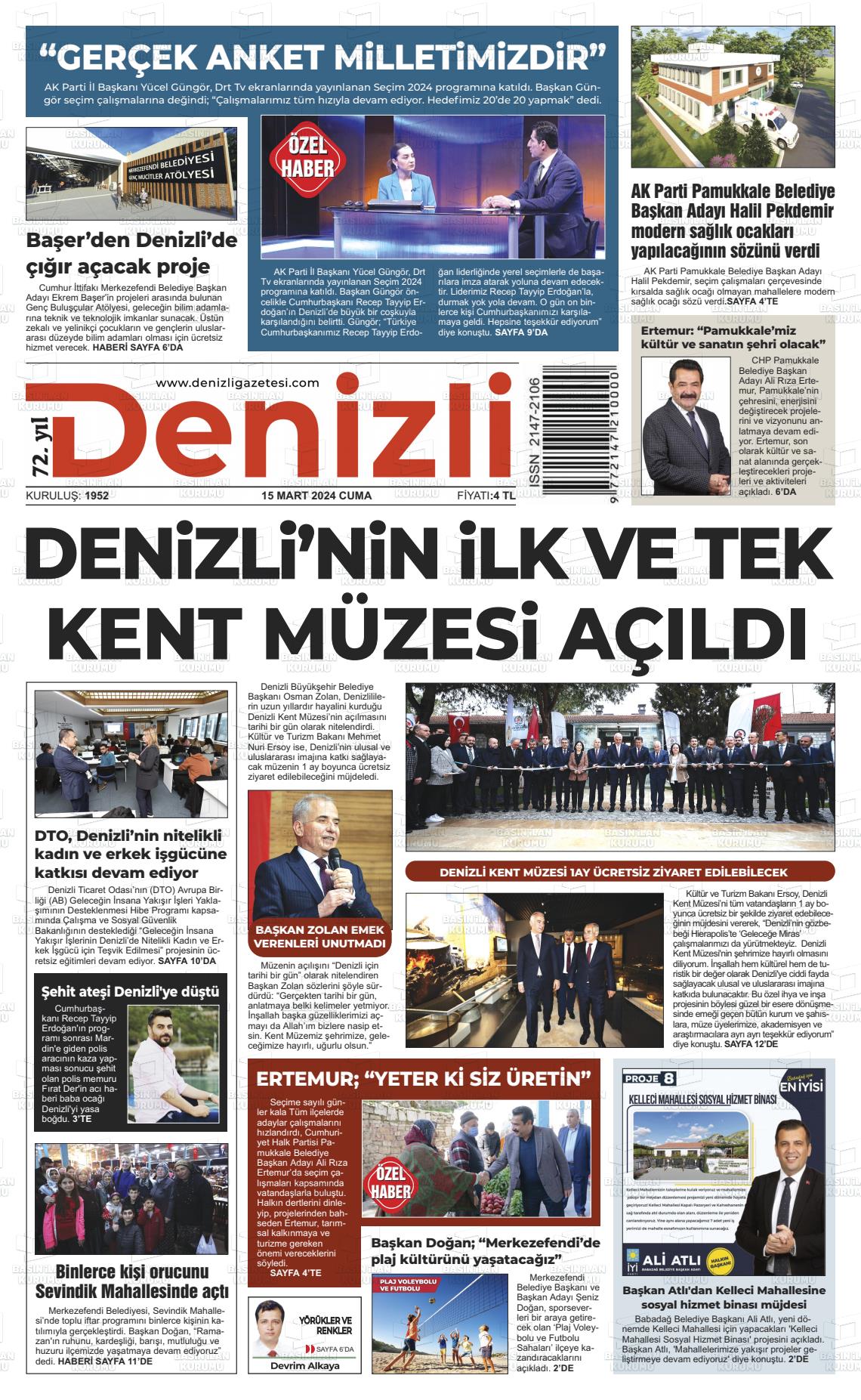 15 Mart 2024 Denizli Gazete Manşeti