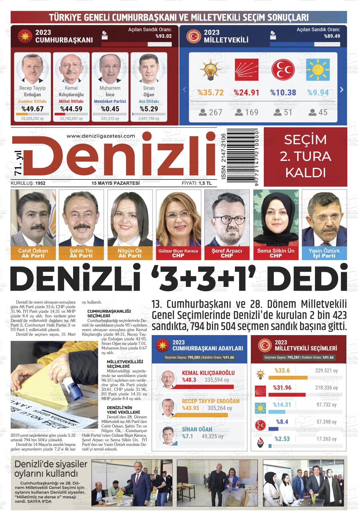 15 Mayıs 2023 Denizli Gazete Manşeti