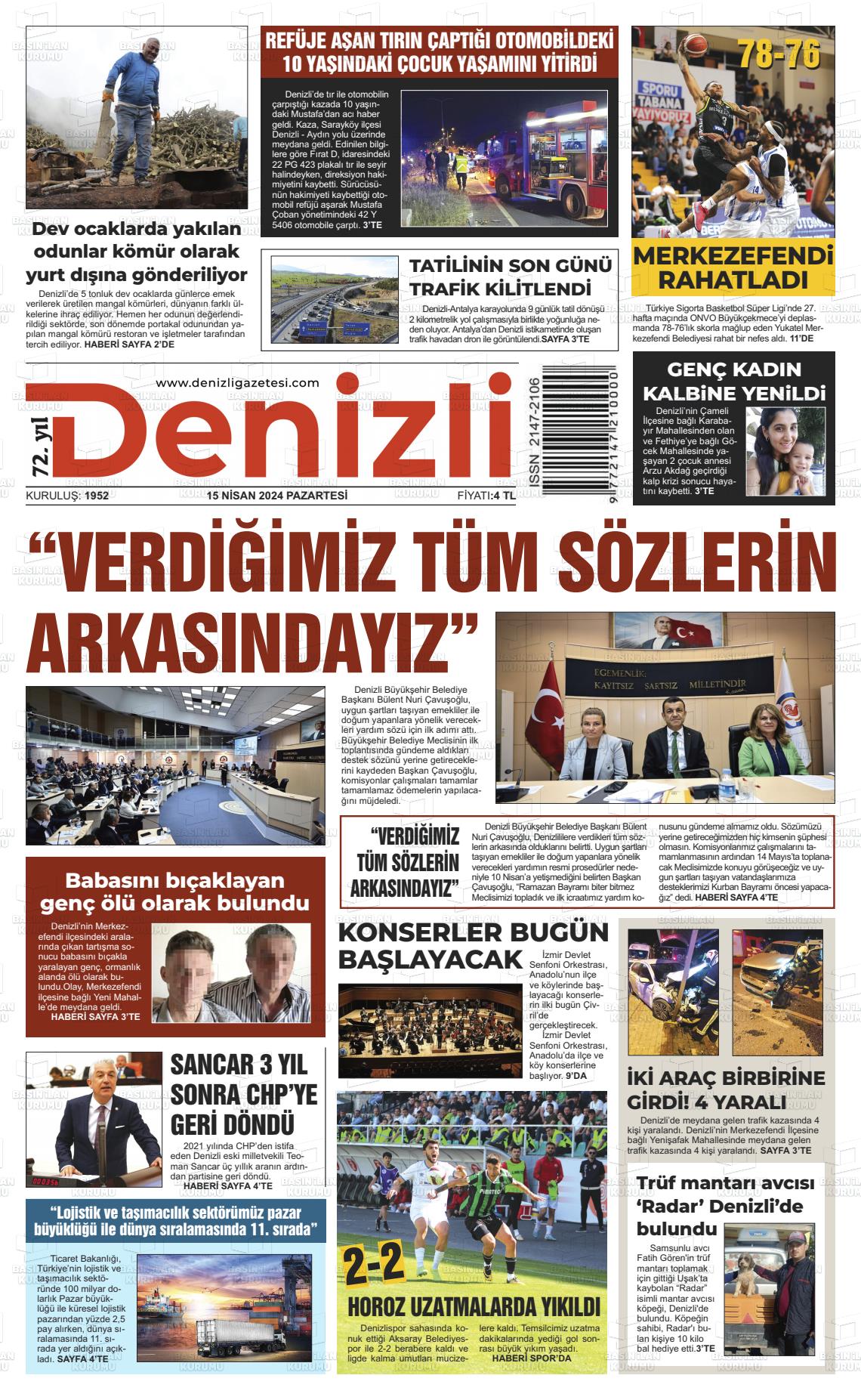 15 Nisan 2024 Denizli Gazete Manşeti