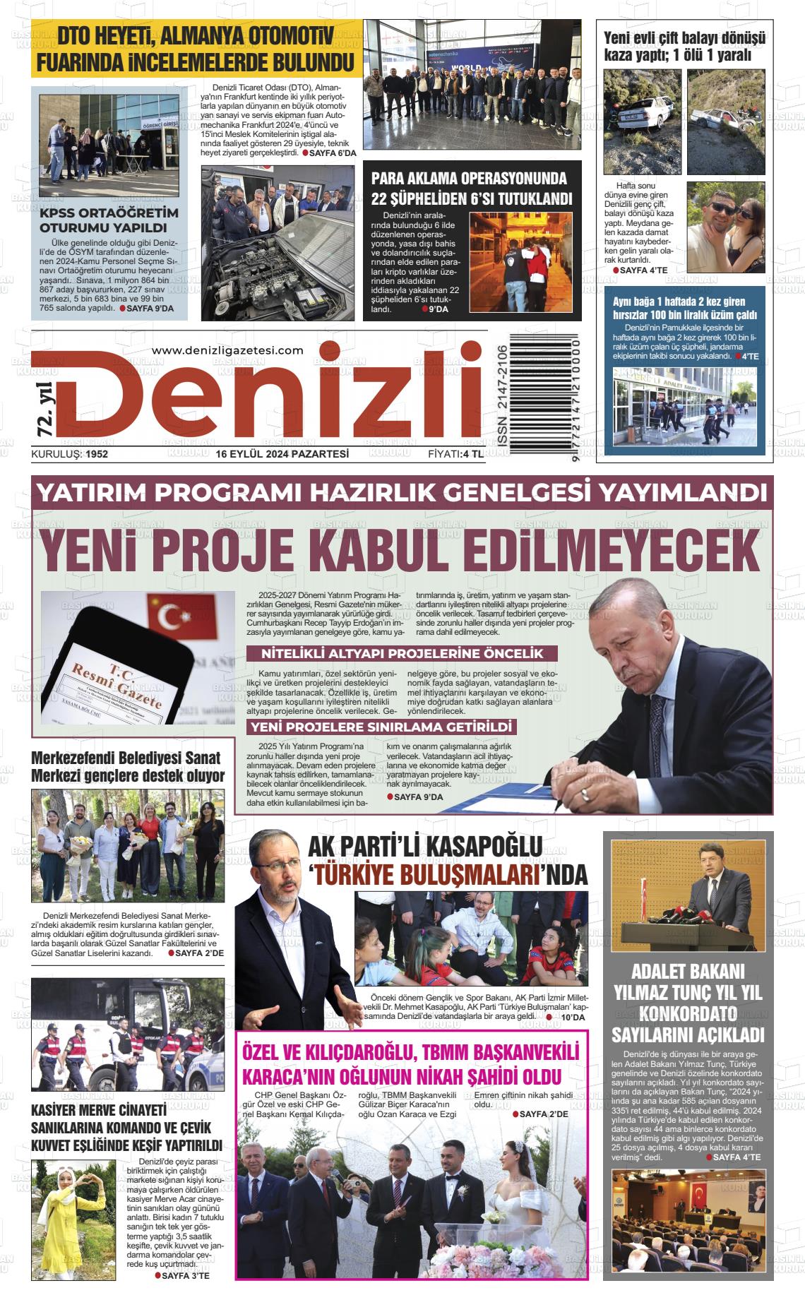 16 Eylül 2024 Denizli Gazete Manşeti