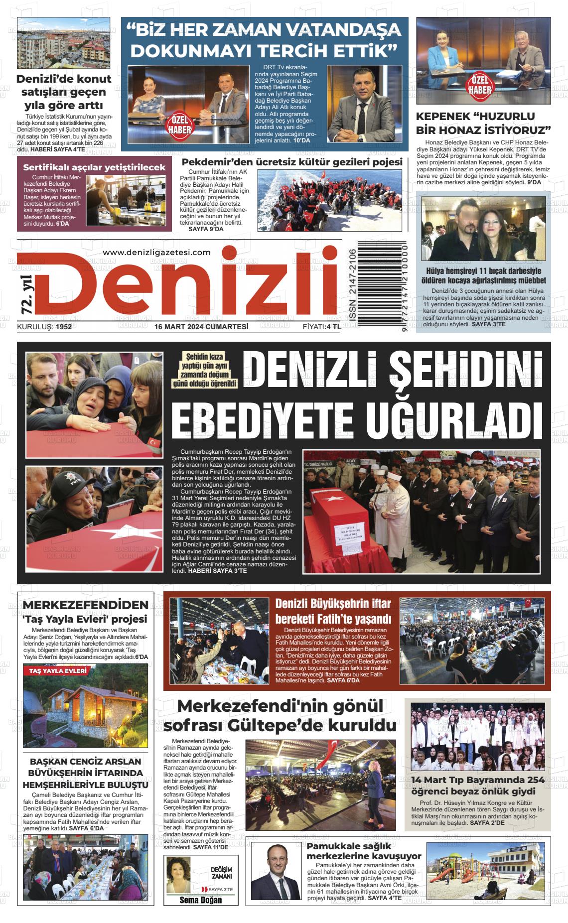 16 Mart 2024 Denizli Gazete Manşeti