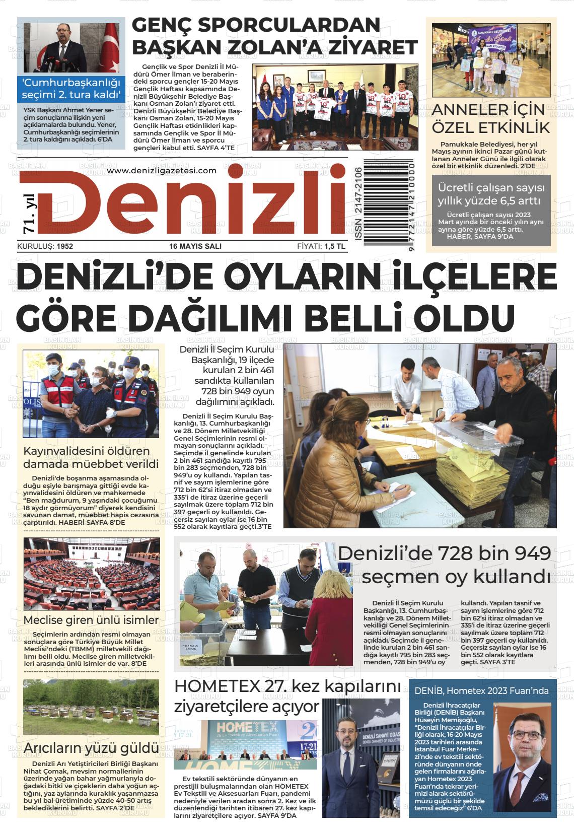 16 Mayıs 2023 Denizli Gazete Manşeti