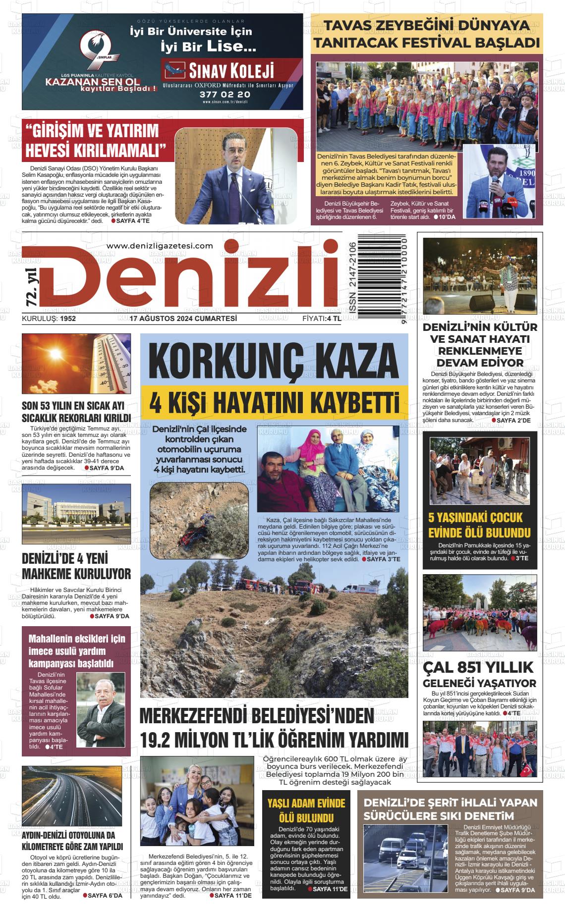 17 Ağustos 2024 Denizli Gazete Manşeti