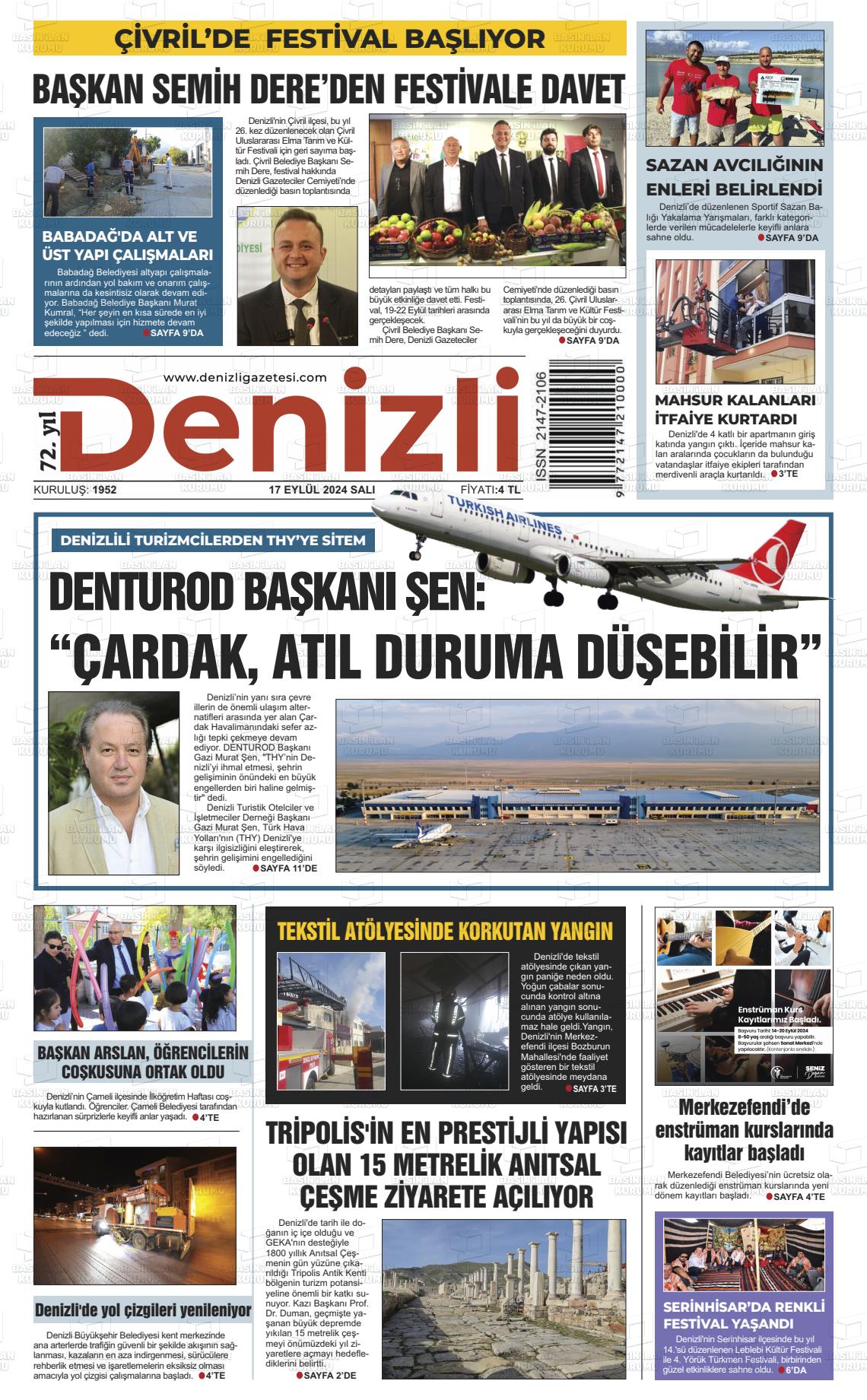 17 Eylül 2024 Denizli Gazete Manşeti