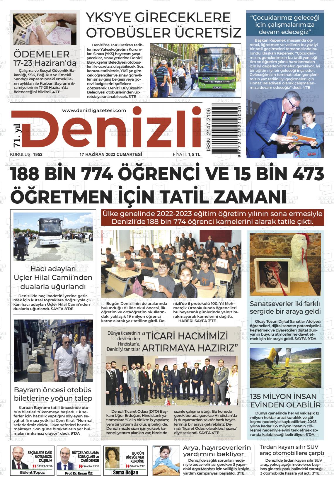 17 Haziran 2023 Denizli Gazete Manşeti