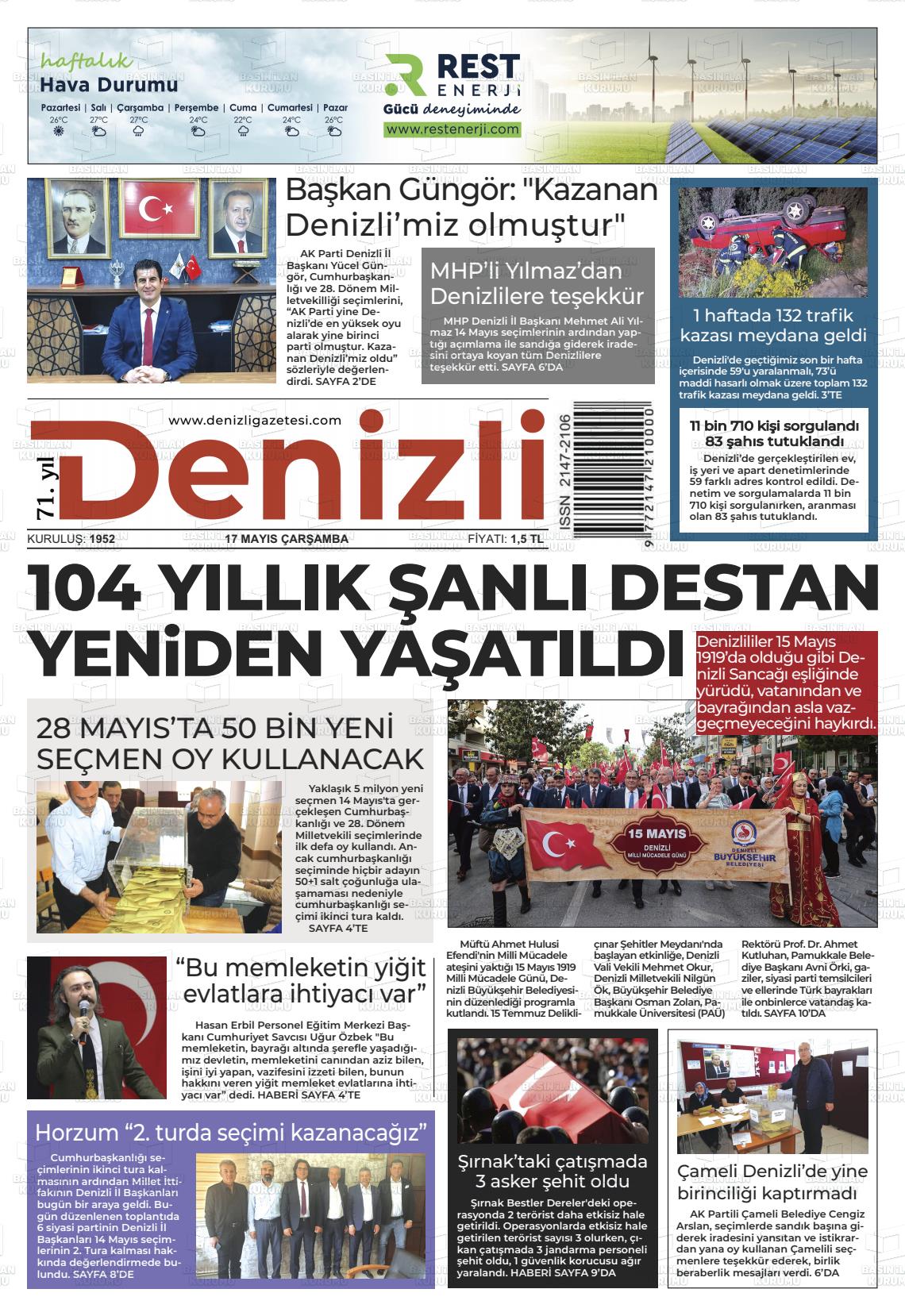 17 Mayıs 2023 Denizli Gazete Manşeti