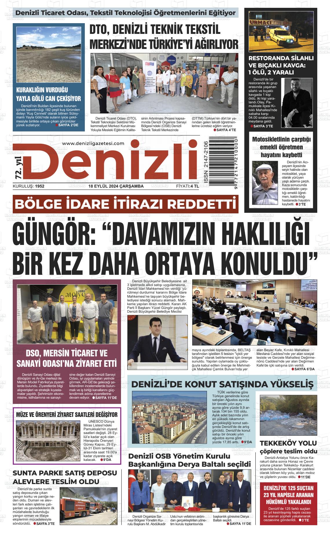 18 Eylül 2024 Denizli Gazete Manşeti