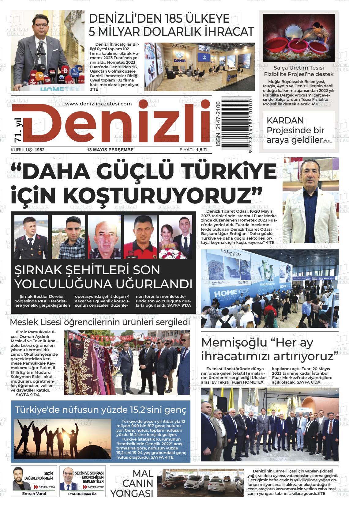 18 Mayıs 2023 Denizli Gazete Manşeti