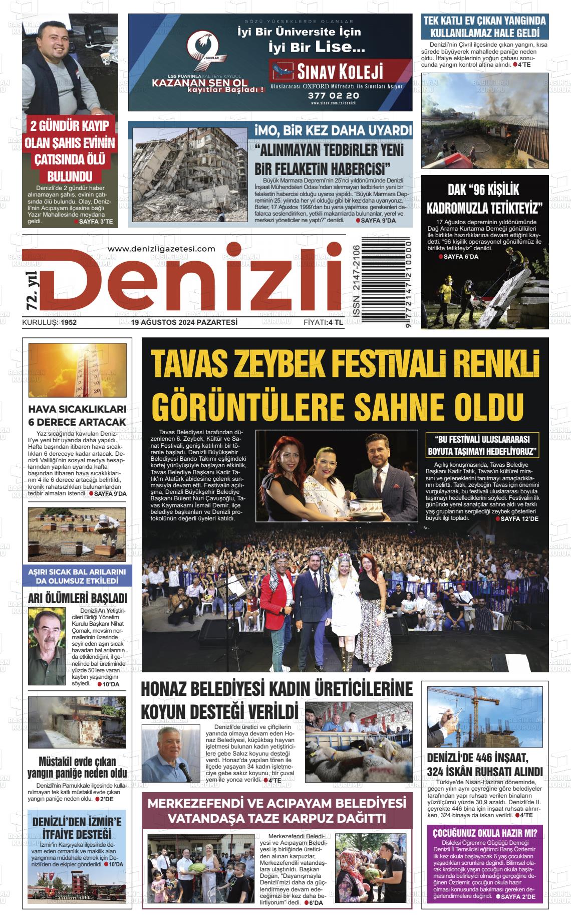 19 Ağustos 2024 Denizli Gazete Manşeti