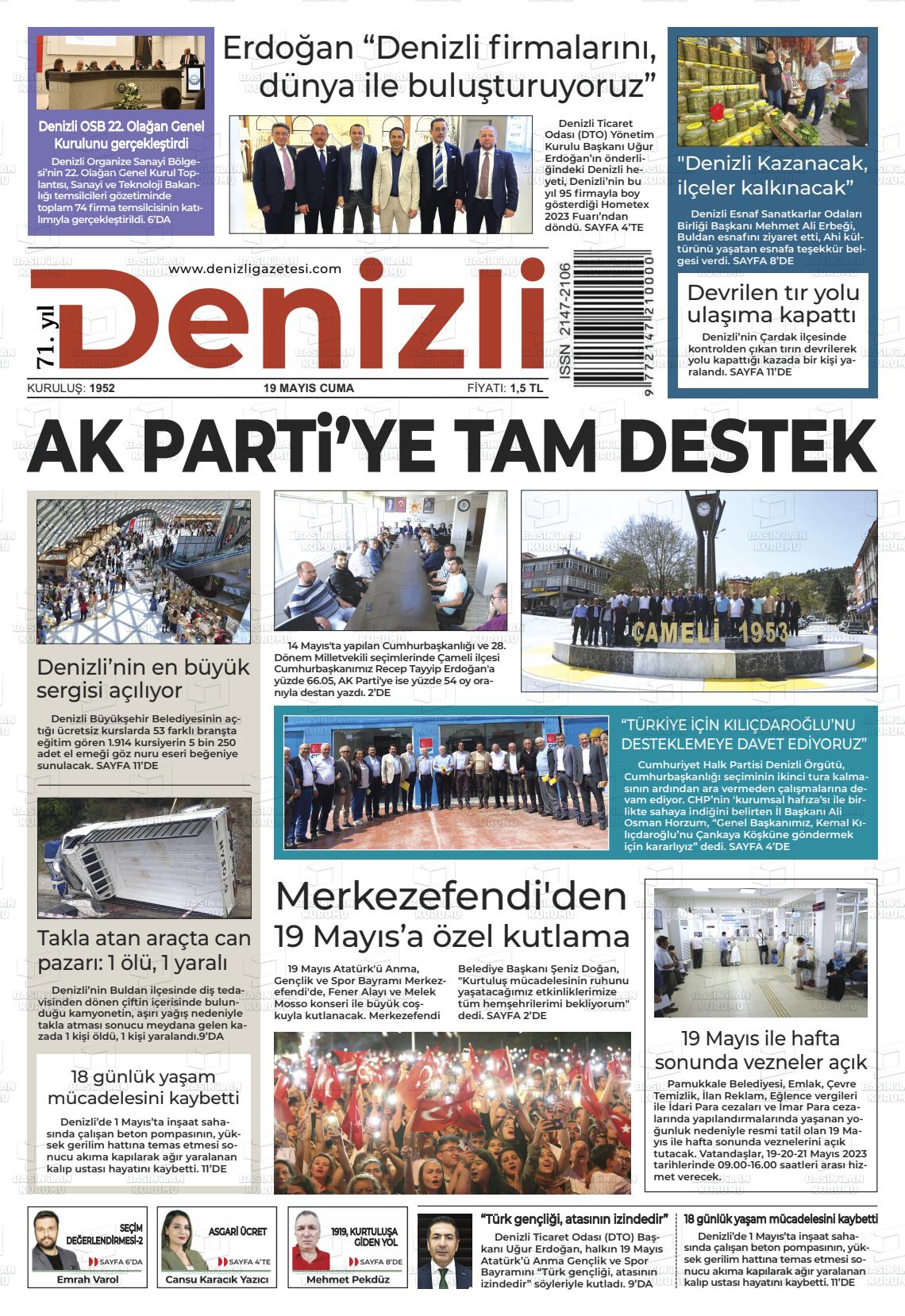 19 Mayıs 2023 Denizli Gazete Manşeti