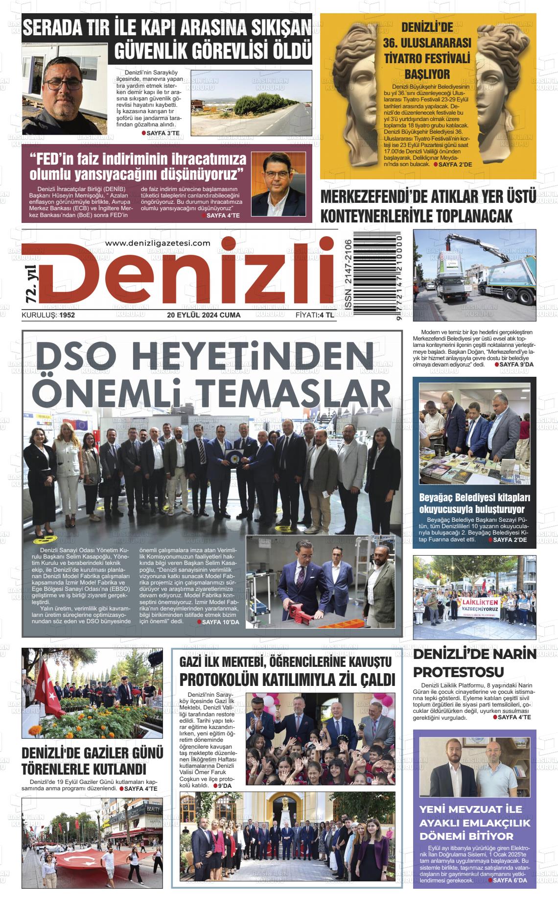 20 Eylül 2024 Denizli Gazete Manşeti