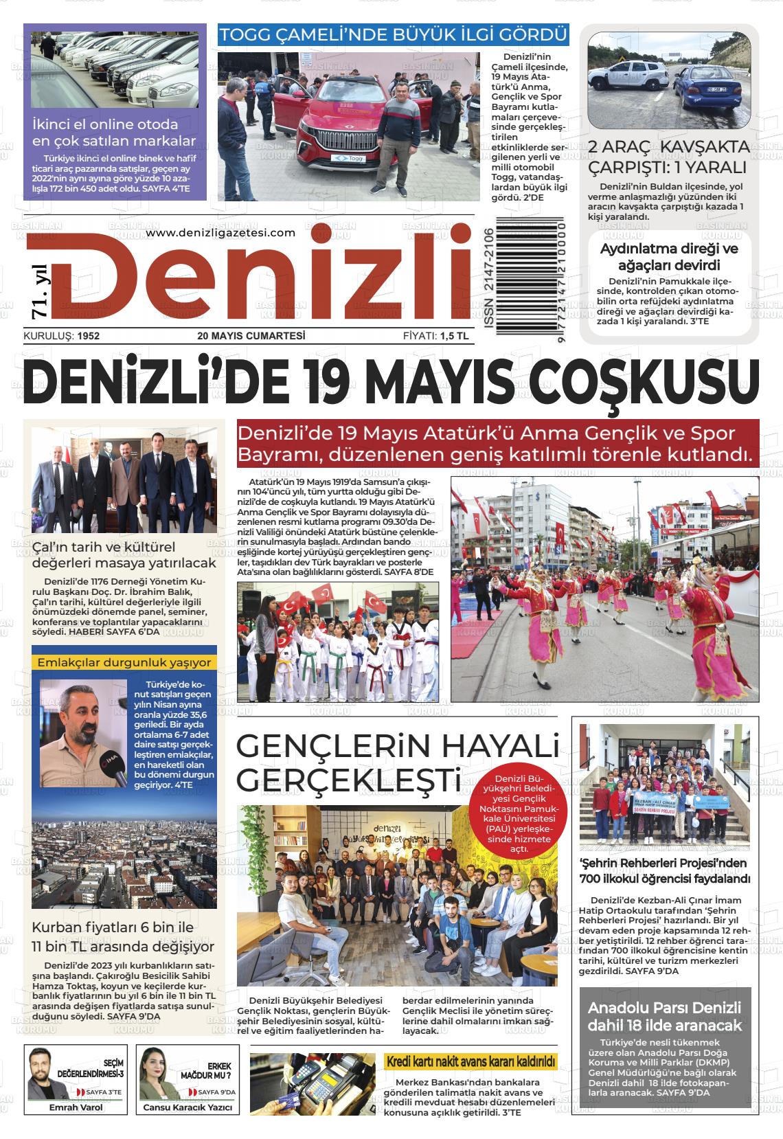 20 Mayıs 2023 Denizli Gazete Manşeti