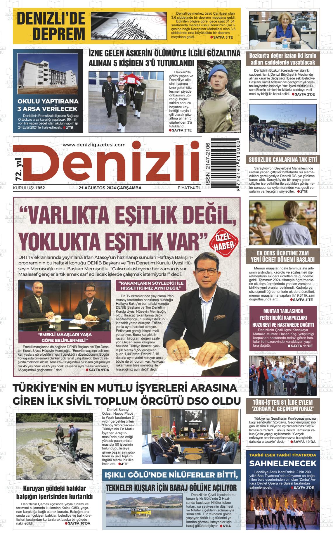 21 Ağustos 2024 Denizli Gazete Manşeti