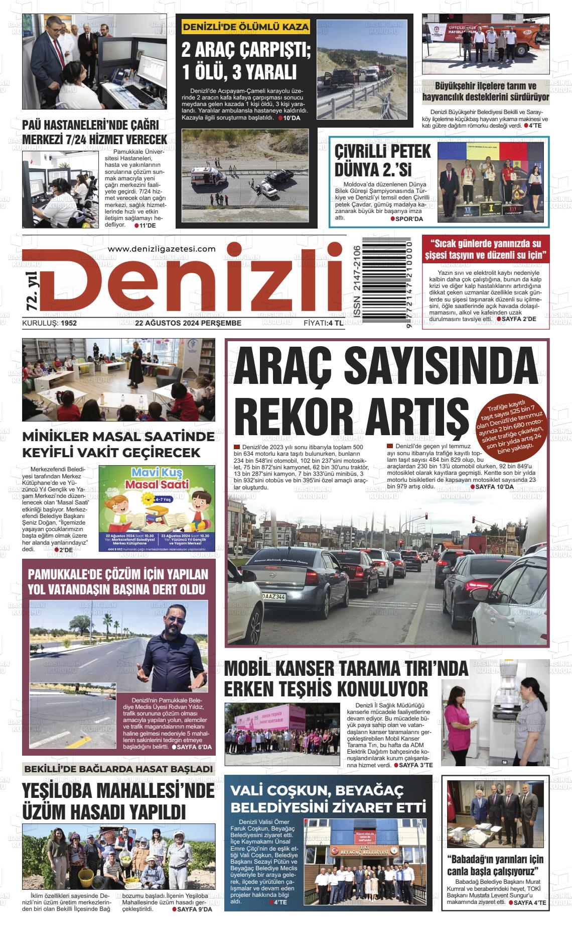 22 Ağustos 2024 Denizli Gazete Manşeti