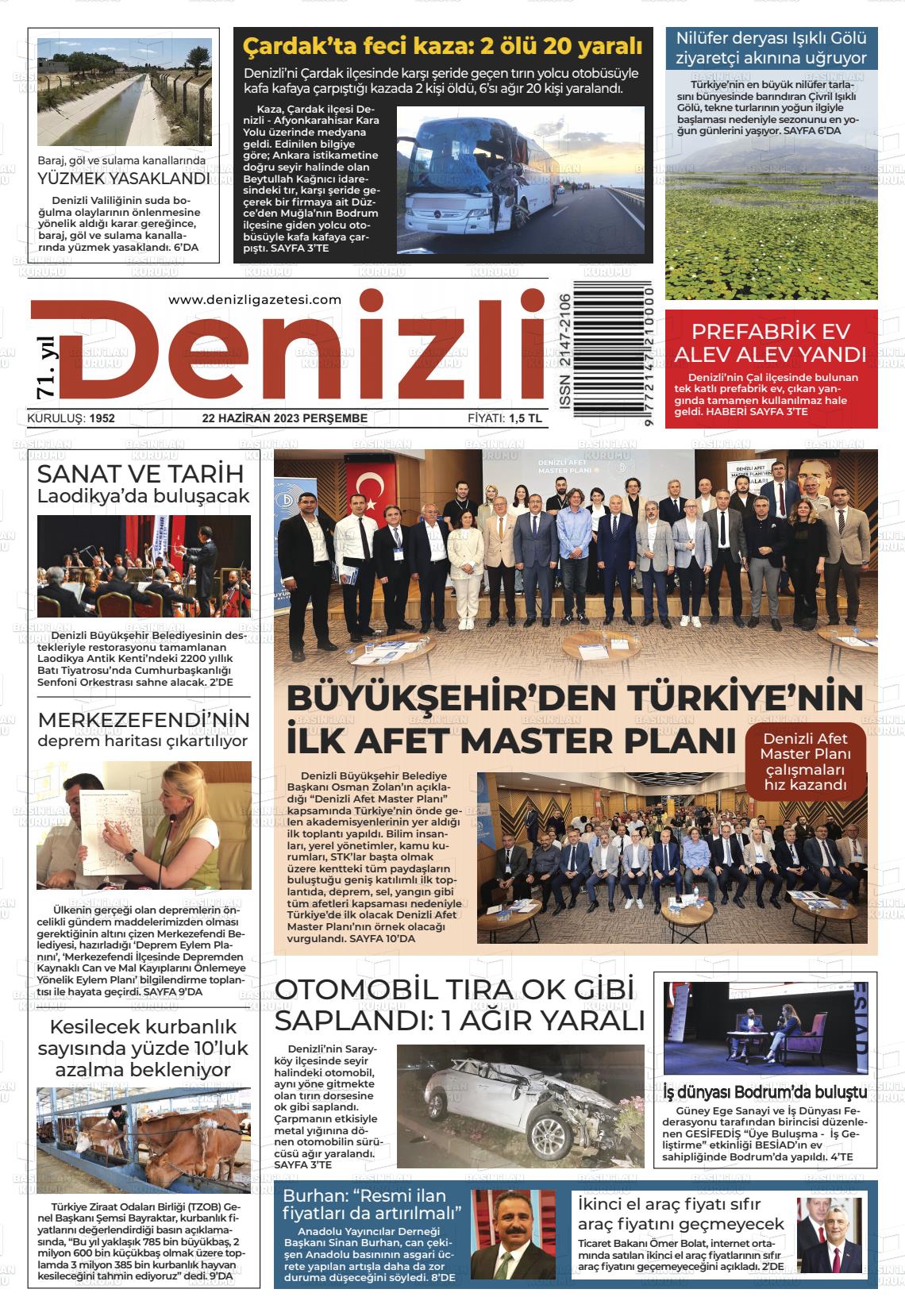 22 Haziran 2023 Denizli Gazete Manşeti