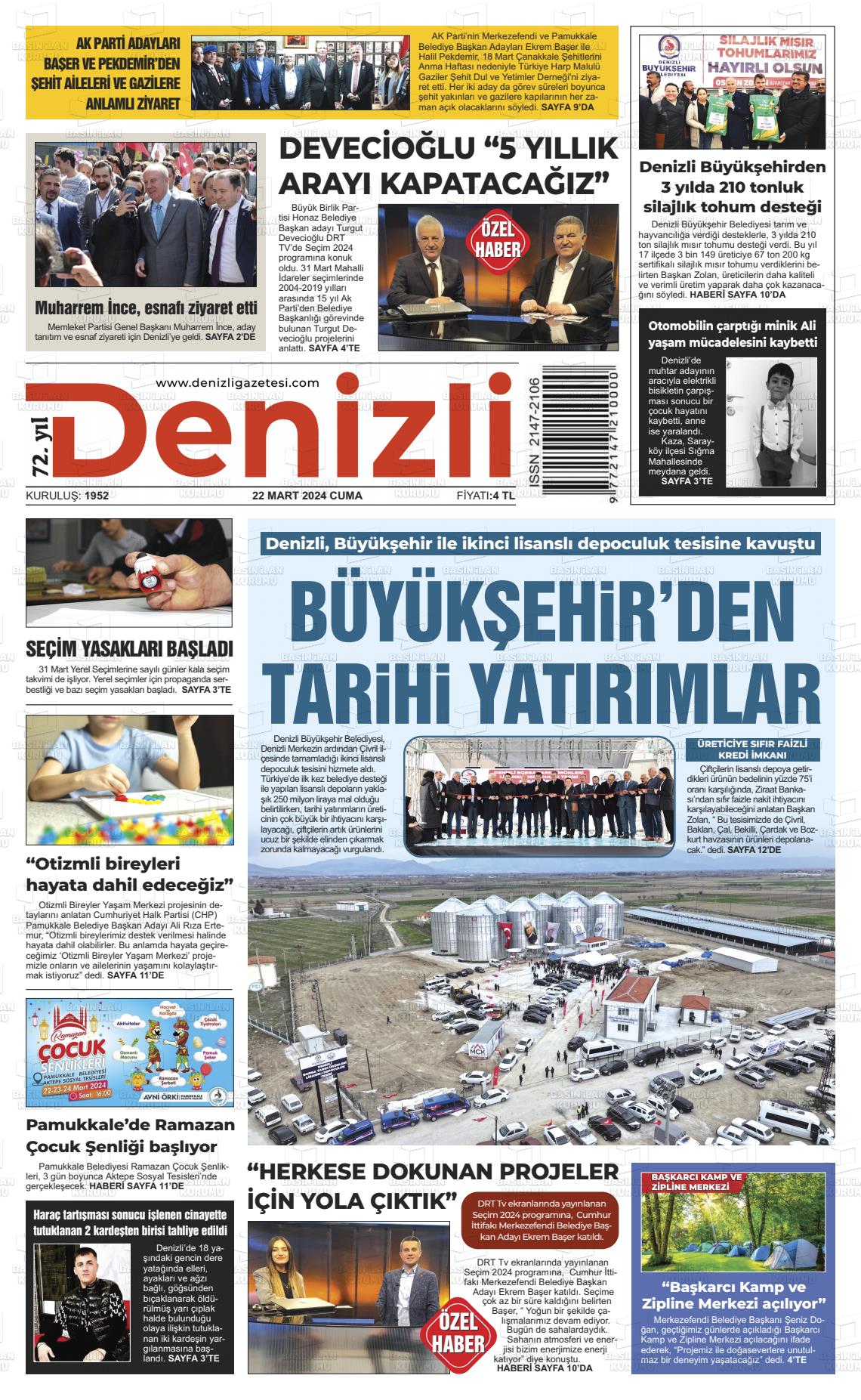 22 Mart 2024 Denizli Gazete Manşeti