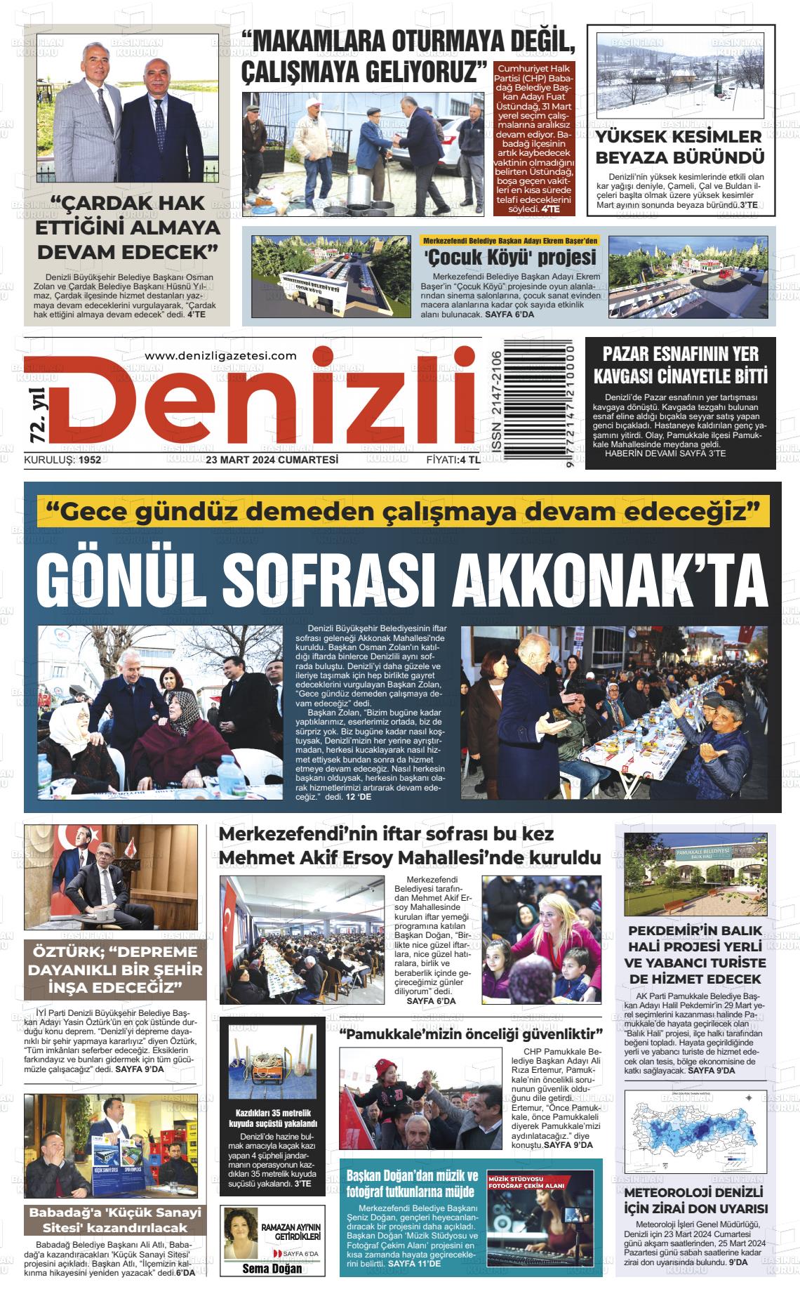 23 Mart 2024 Denizli Gazete Manşeti