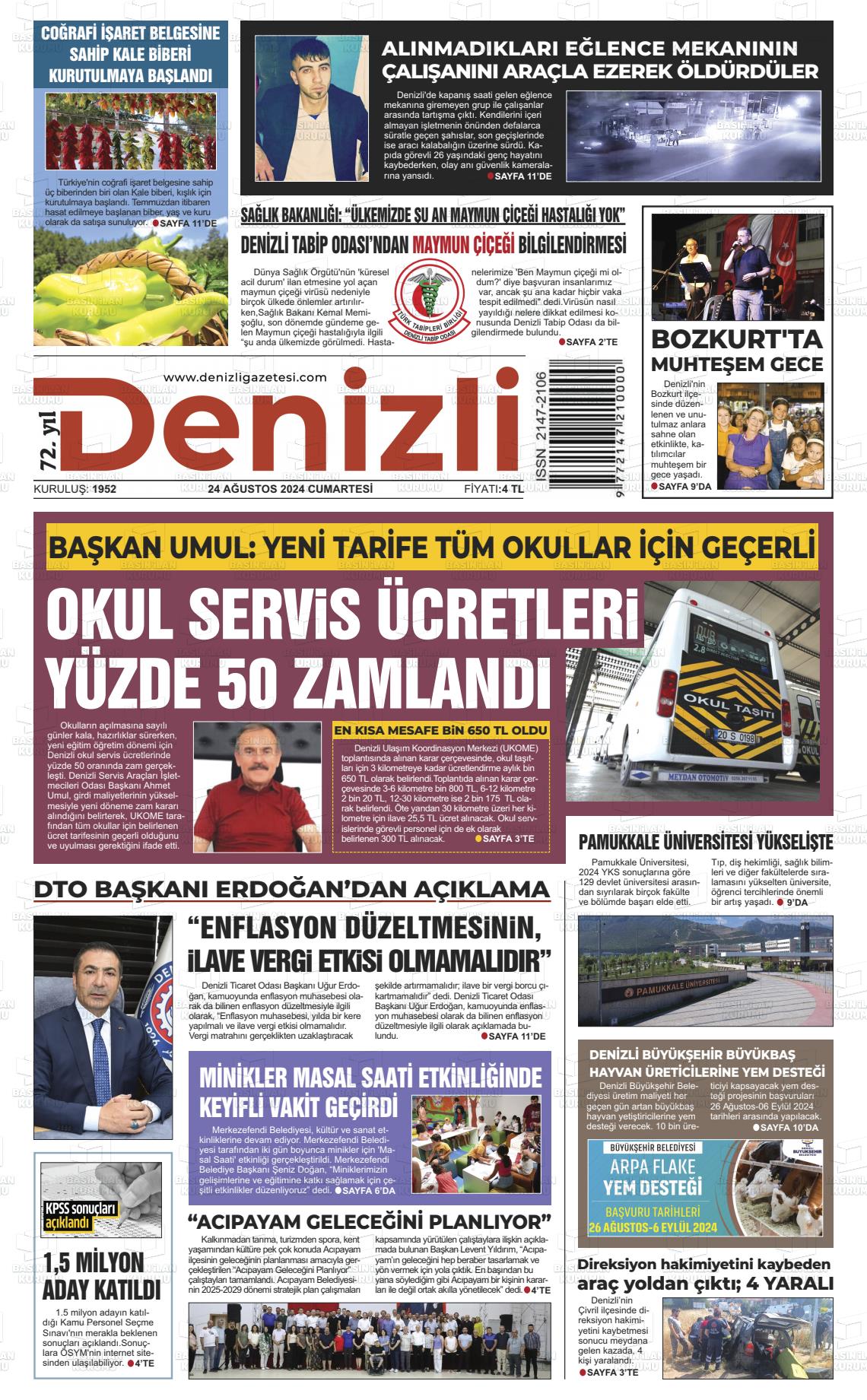 24 Ağustos 2024 Denizli Gazete Manşeti