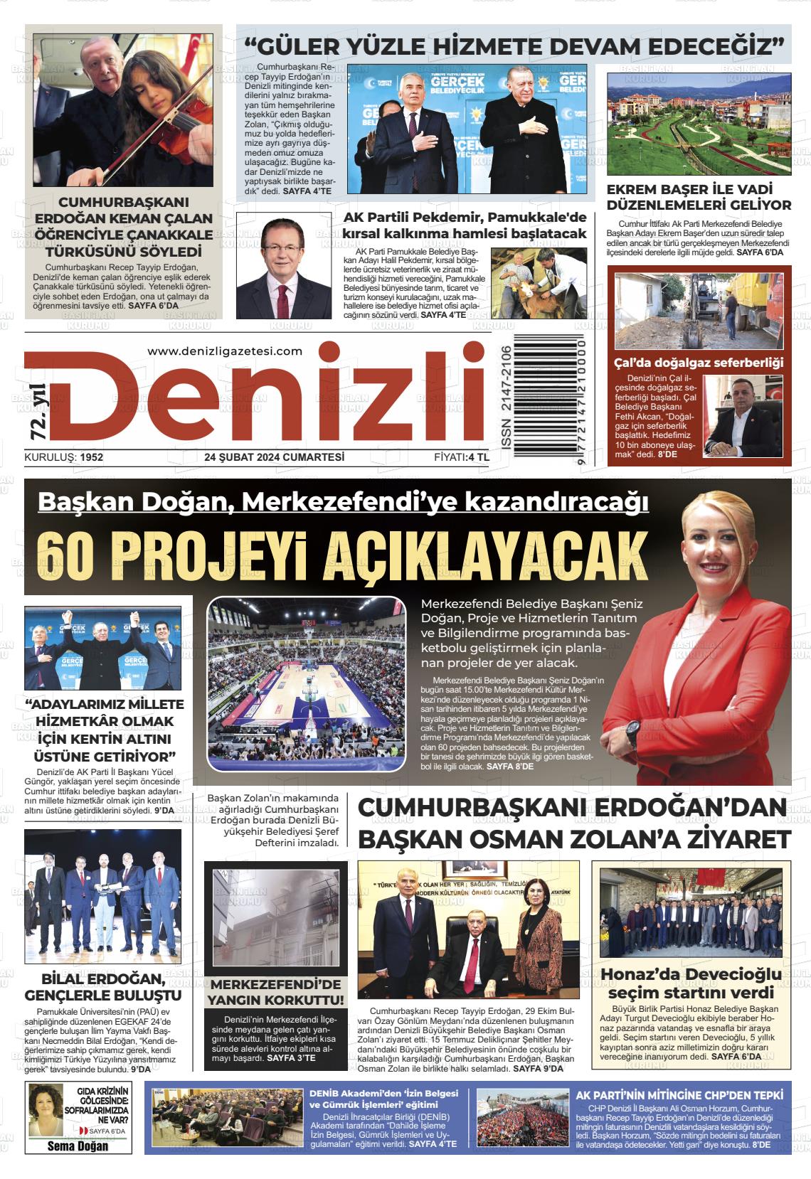 24 Şubat 2024 Denizli Gazete Manşeti