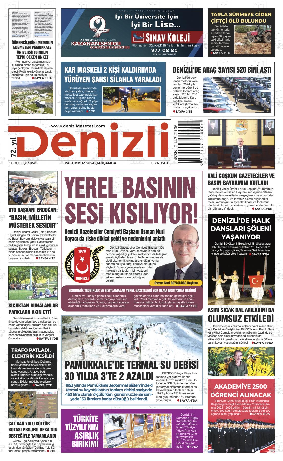 24 Temmuz 2024 Denizli Gazete Manşeti