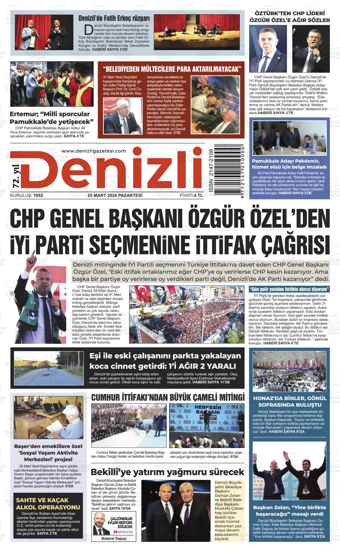 25 Mart 2024 Denizli Gazete Manşeti