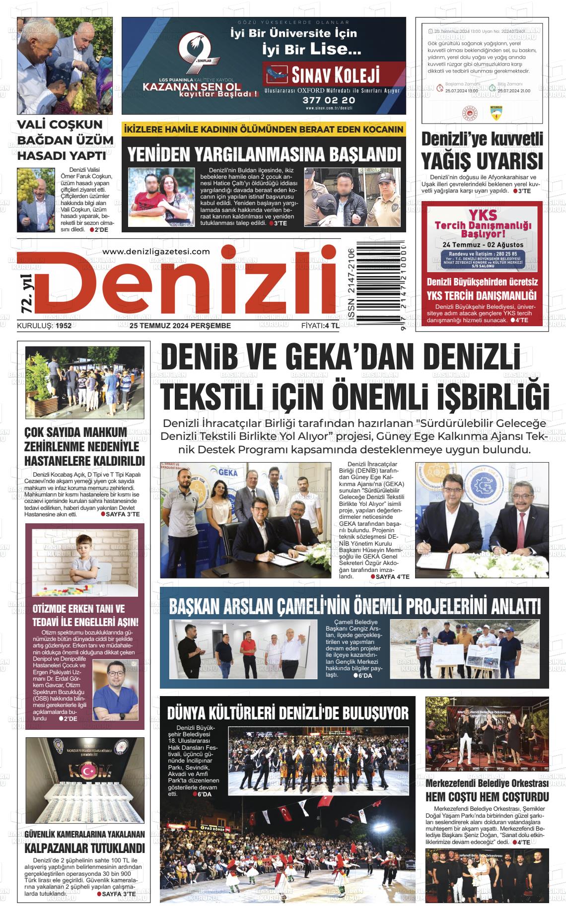 25 Temmuz 2024 Denizli Gazete Manşeti