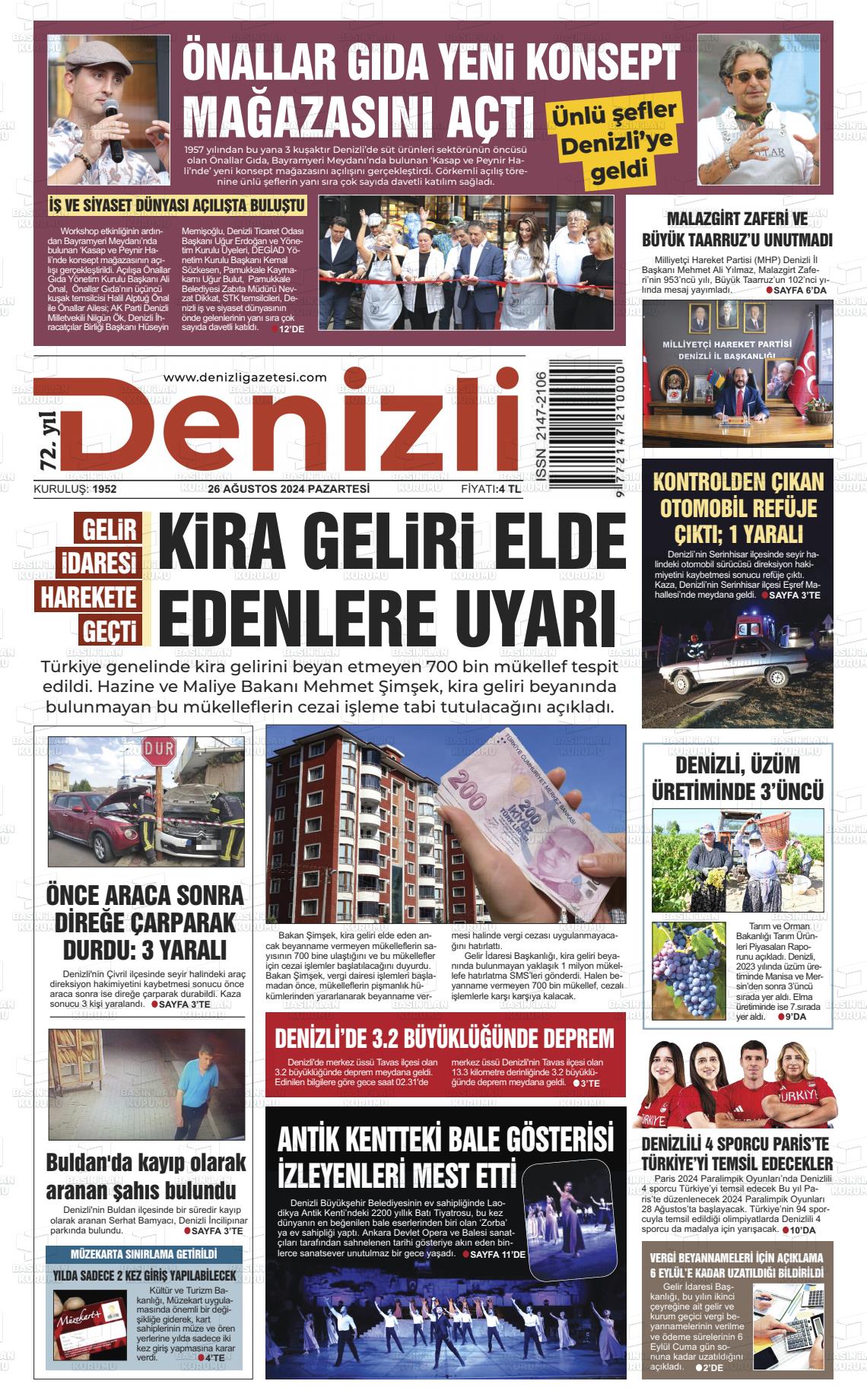 26 Ağustos 2024 Denizli Gazete Manşeti