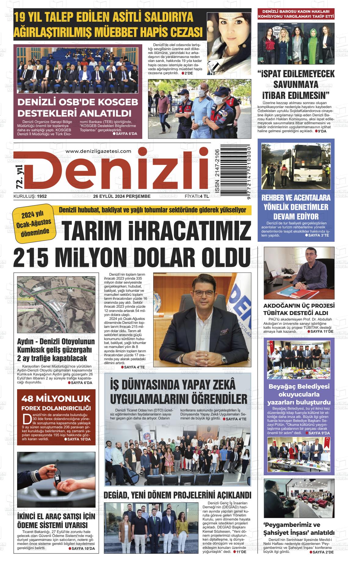 26 Eylül 2024 Denizli Gazete Manşeti