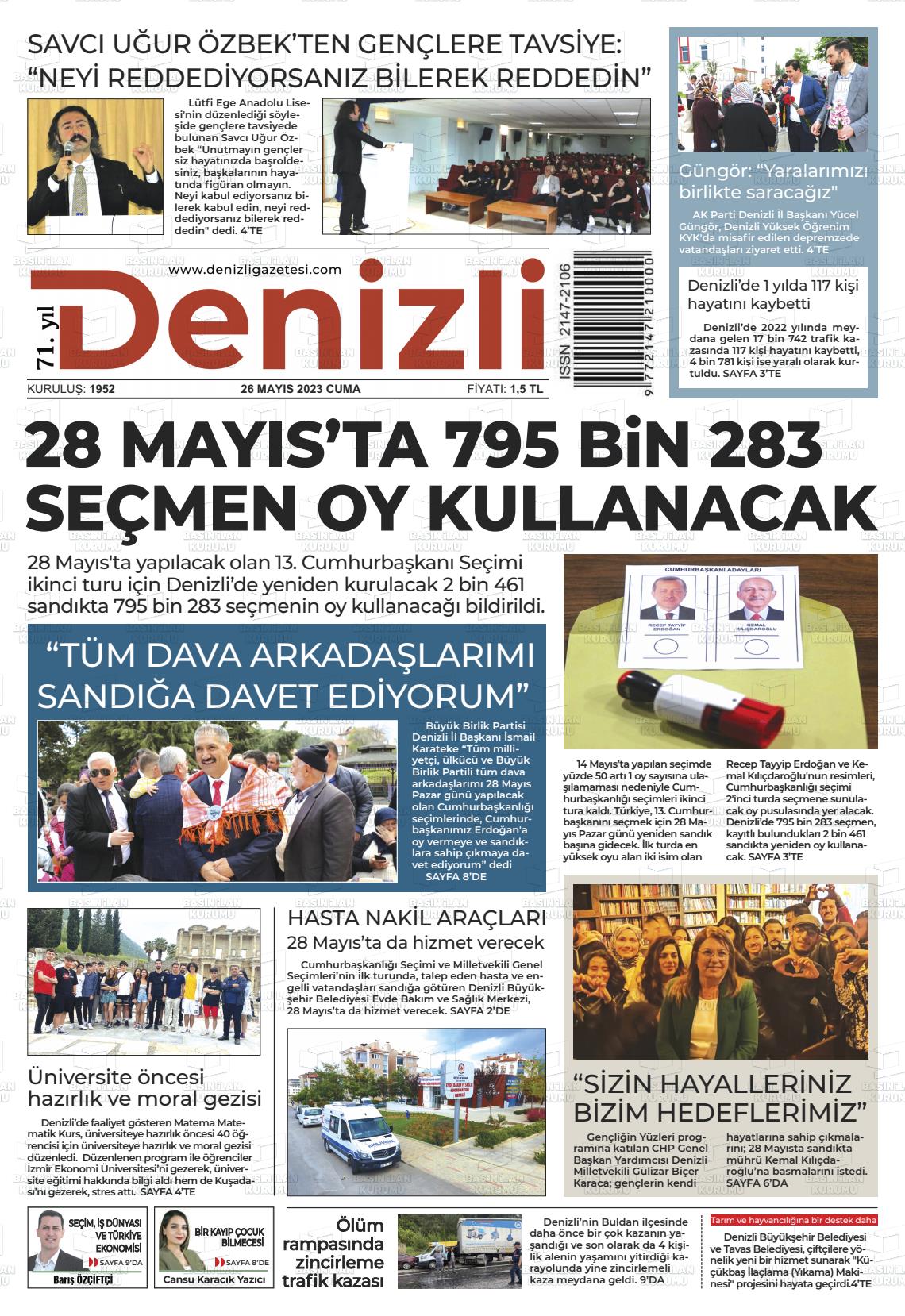 26 Mayıs 2023 Denizli Gazete Manşeti