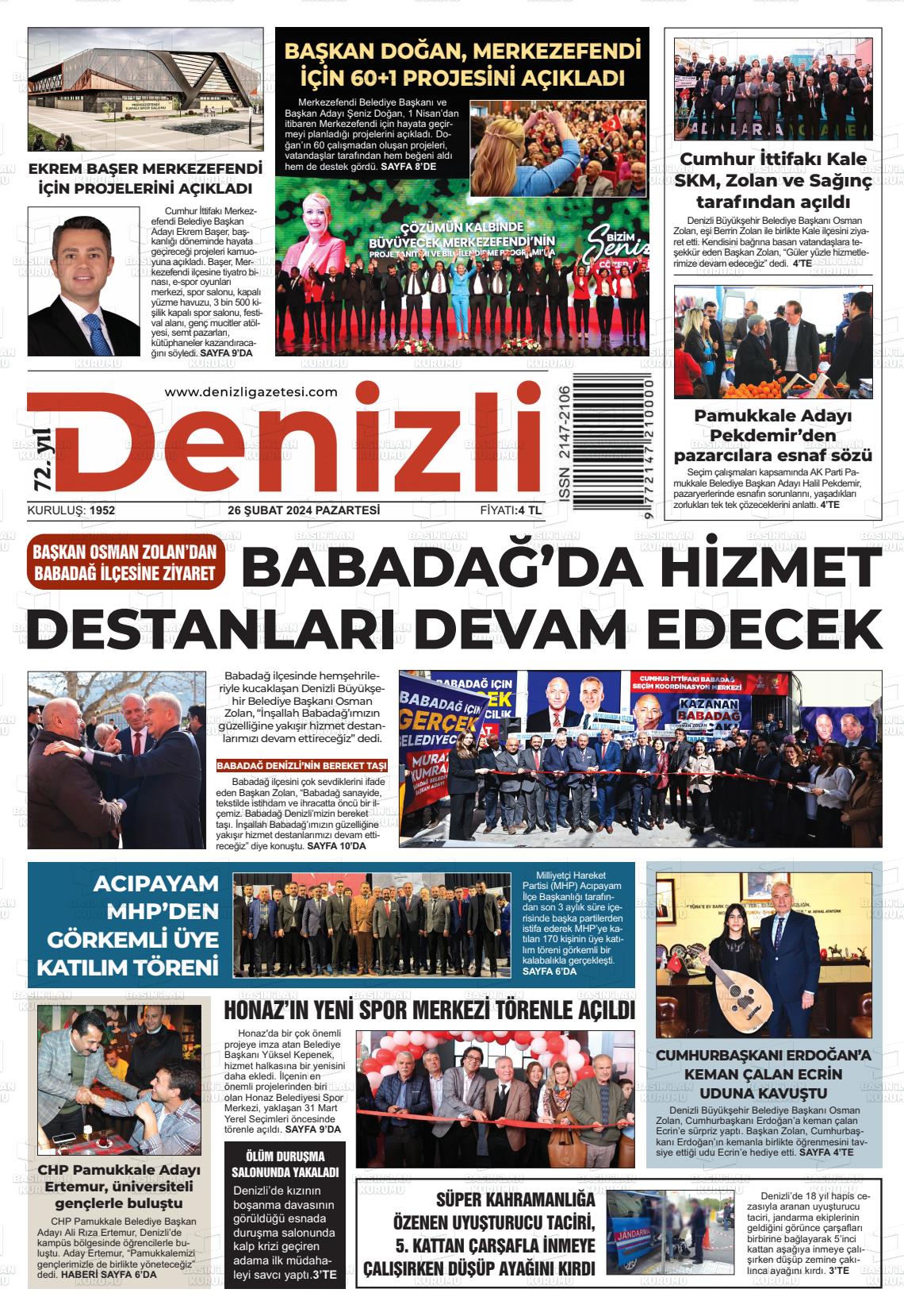 26 Şubat 2024 Denizli Gazete Manşeti