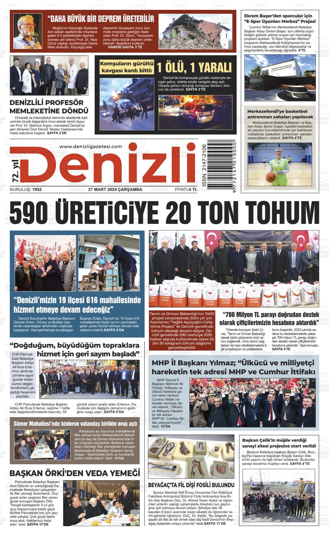 27 Mart 2024 Denizli Gazete Manşeti