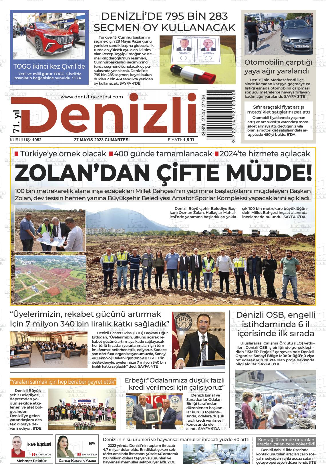 27 Mayıs 2023 Denizli Gazete Manşeti