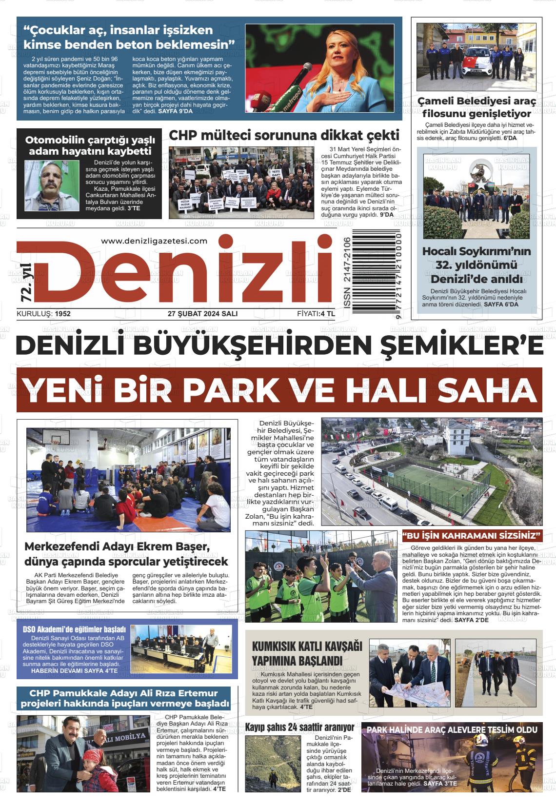 27 Şubat 2024 Denizli Gazete Manşeti