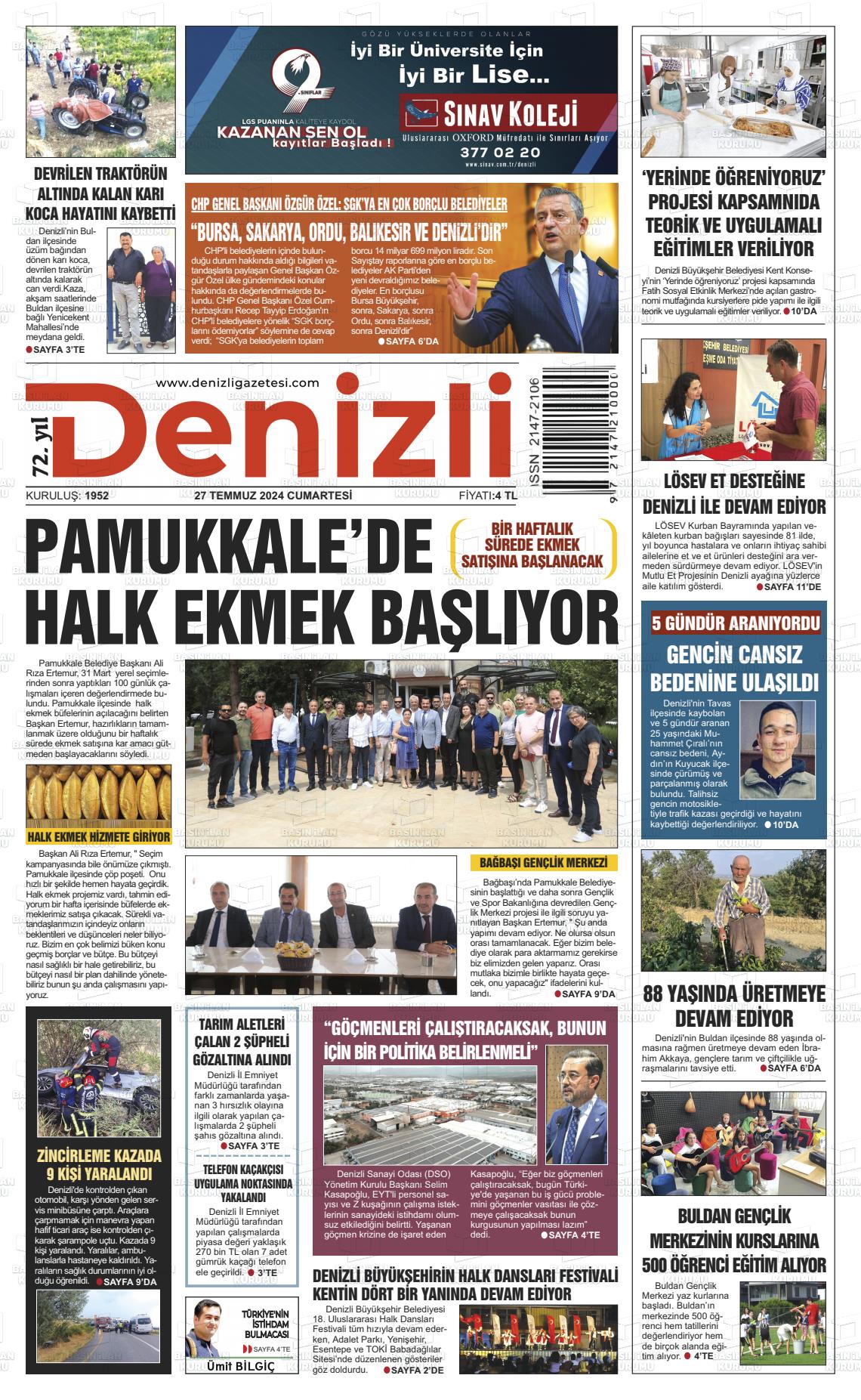 27 Temmuz 2024 Denizli Gazete Manşeti