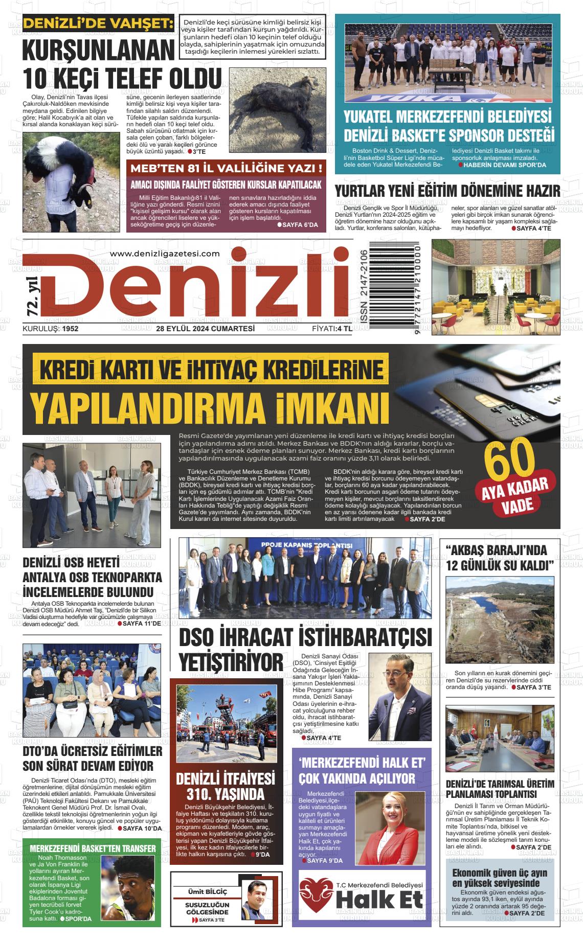 28 Eylül 2024 Denizli Gazete Manşeti