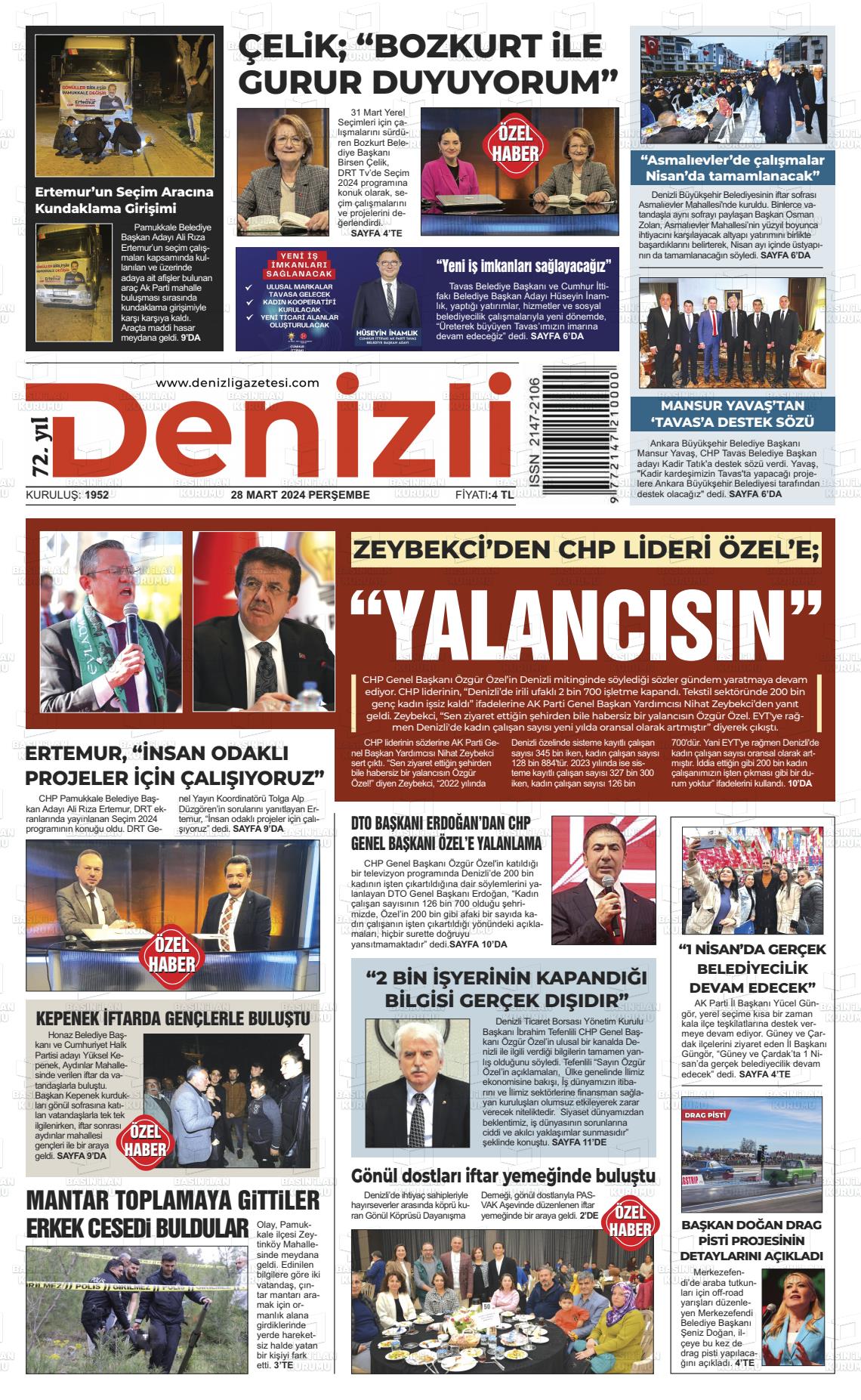 28 Mart 2024 Denizli Gazete Manşeti