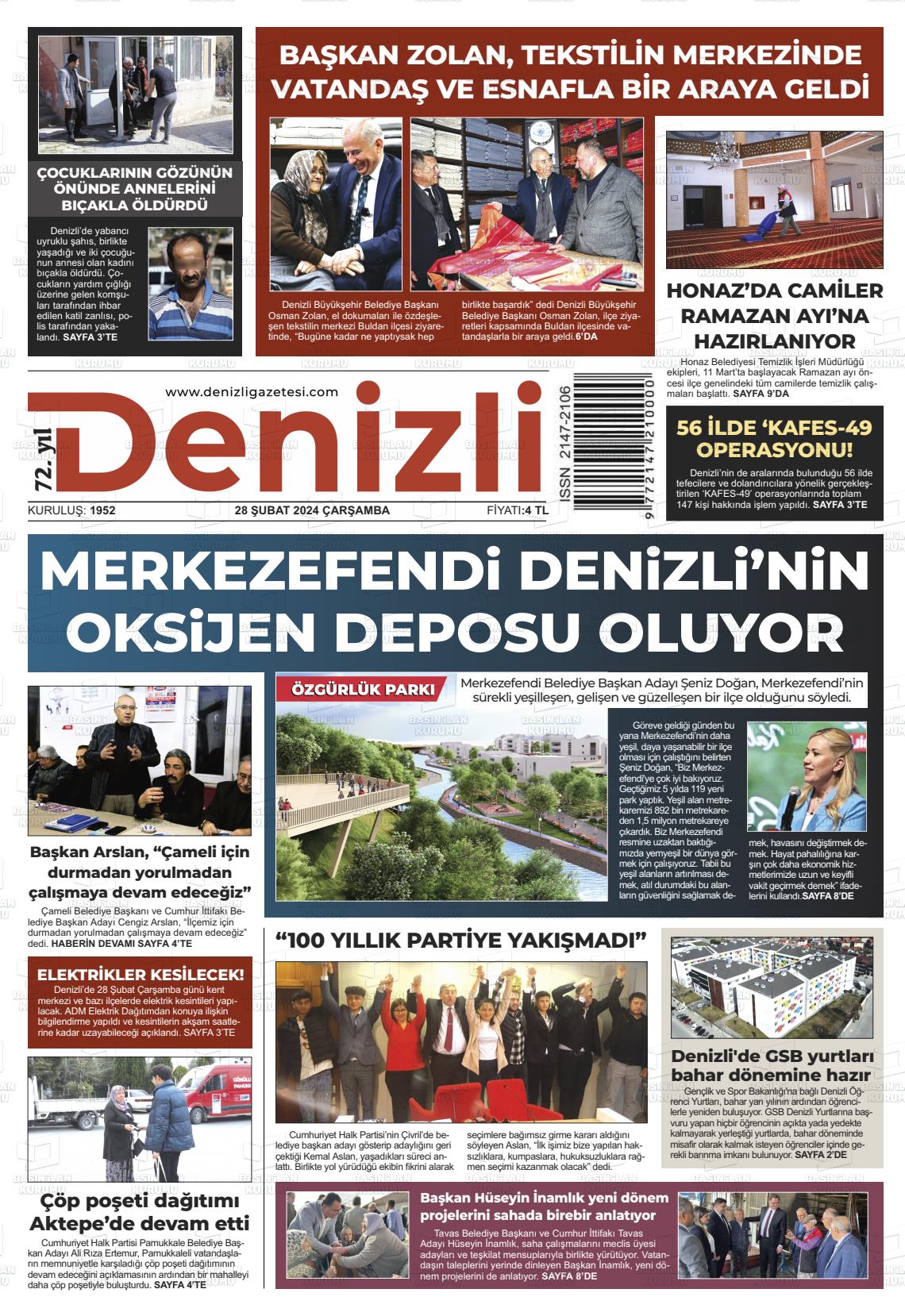 28 Şubat 2024 Denizli Gazete Manşeti