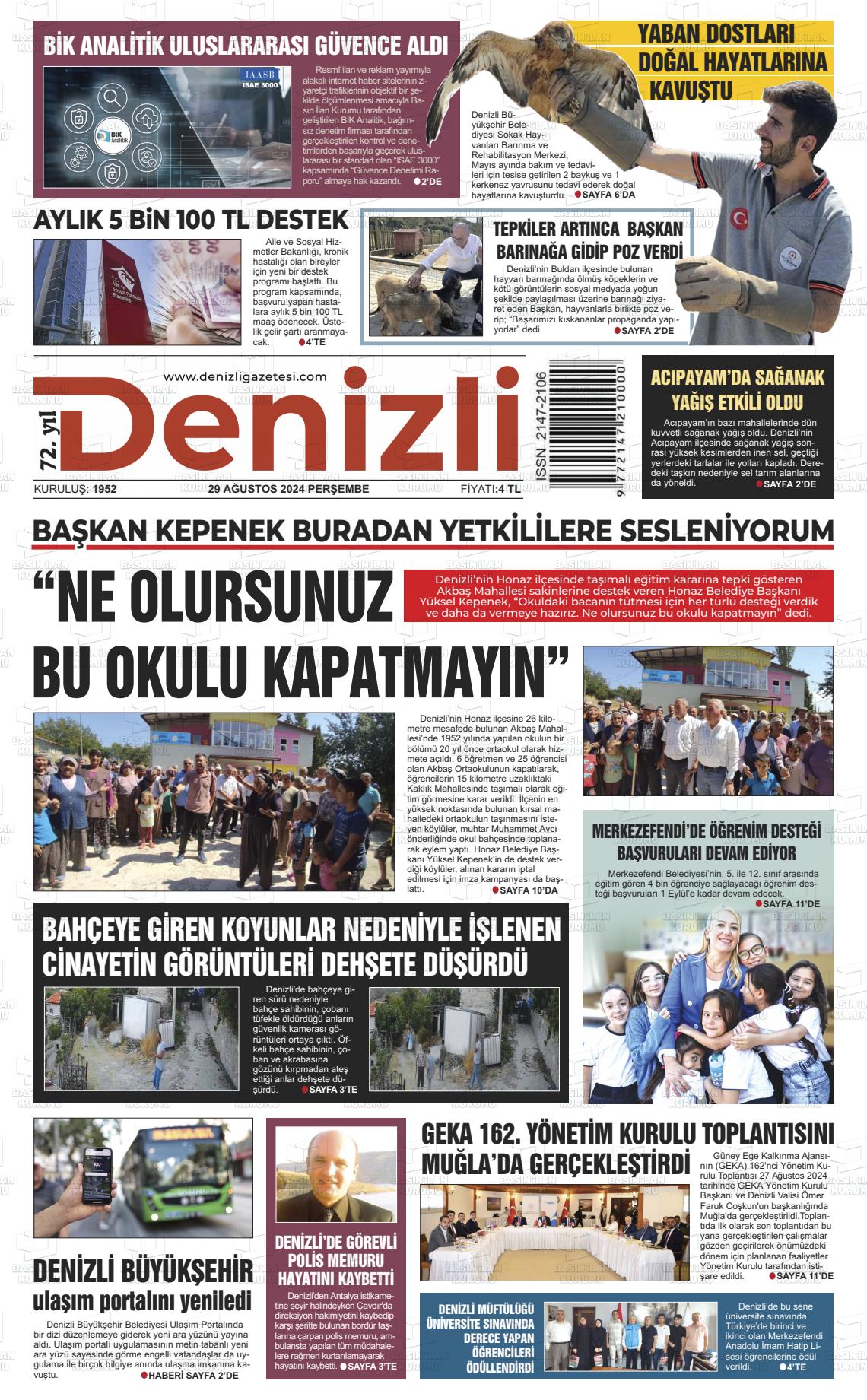 29 Ağustos 2024 Denizli Gazete Manşeti