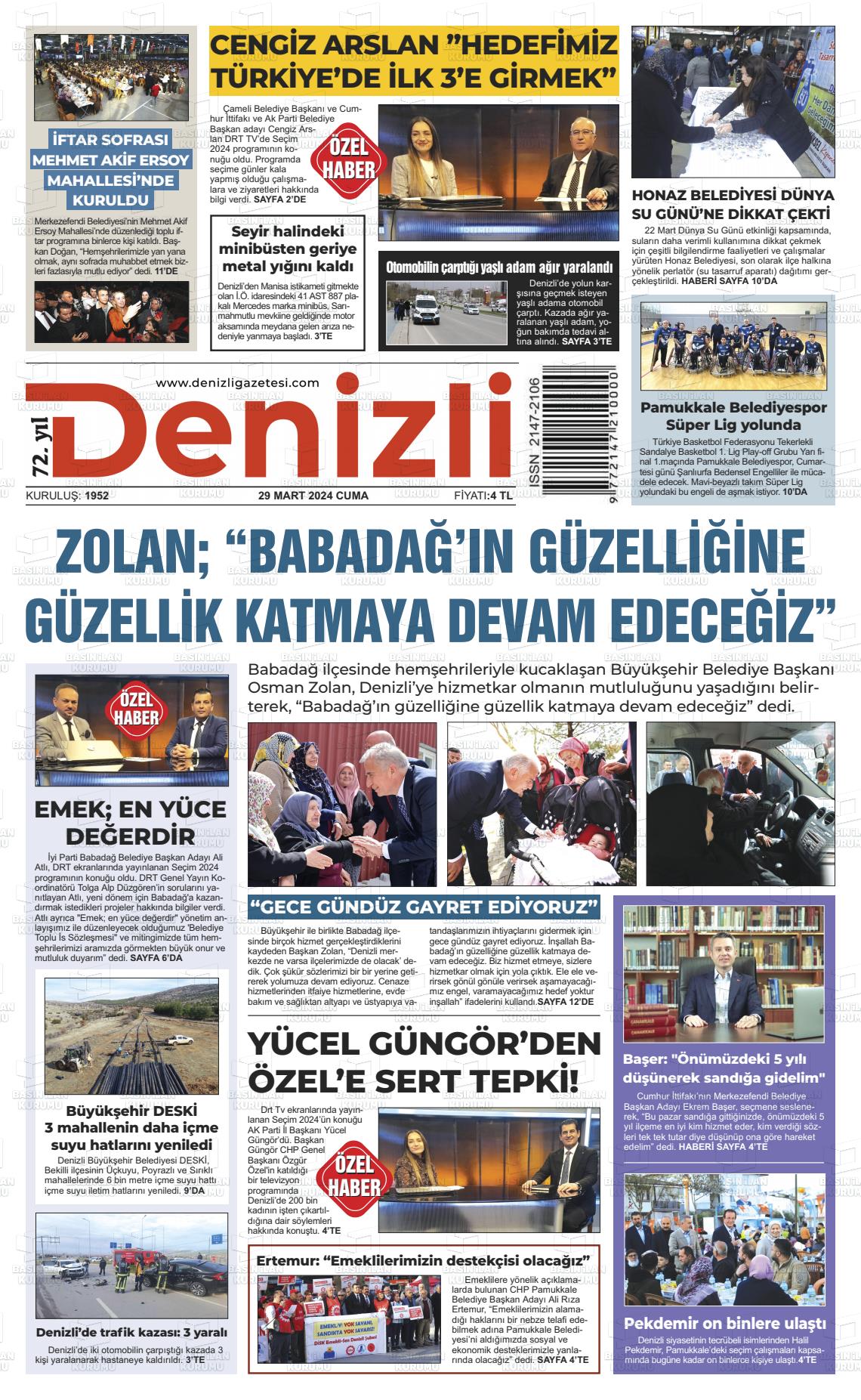 29 Mart 2024 Denizli Gazete Manşeti