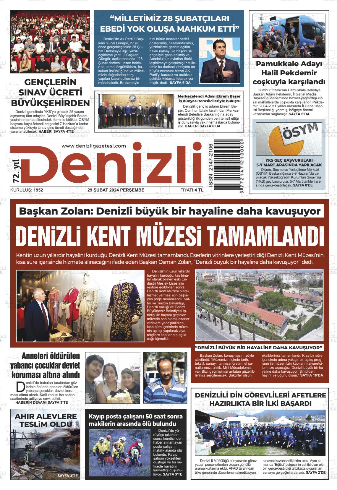 29 Şubat 2024 Denizli Gazete Manşeti