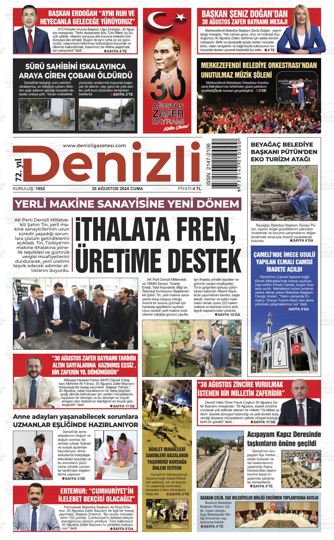 30 Ağustos 2024 Denizli Gazete Manşeti