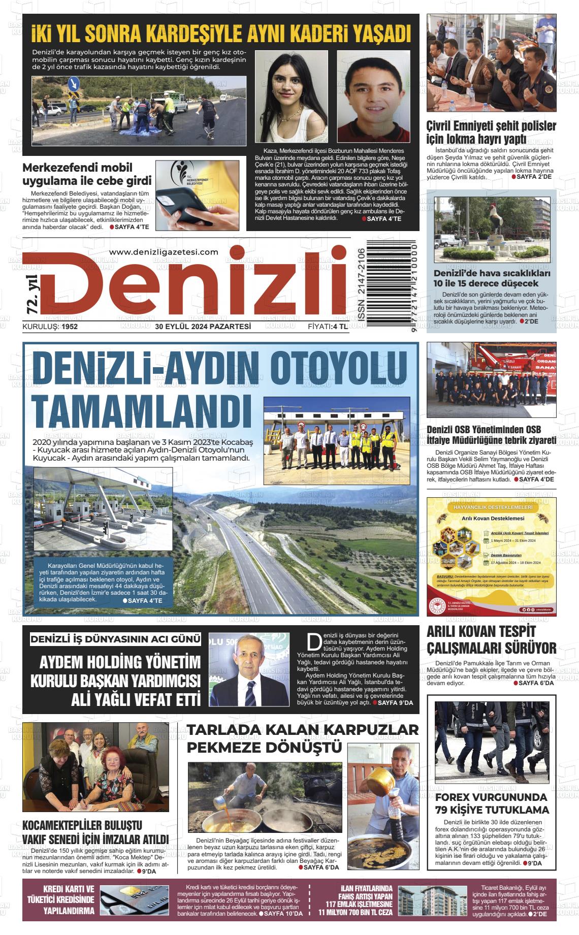 30 Eylül 2024 Denizli Gazete Manşeti