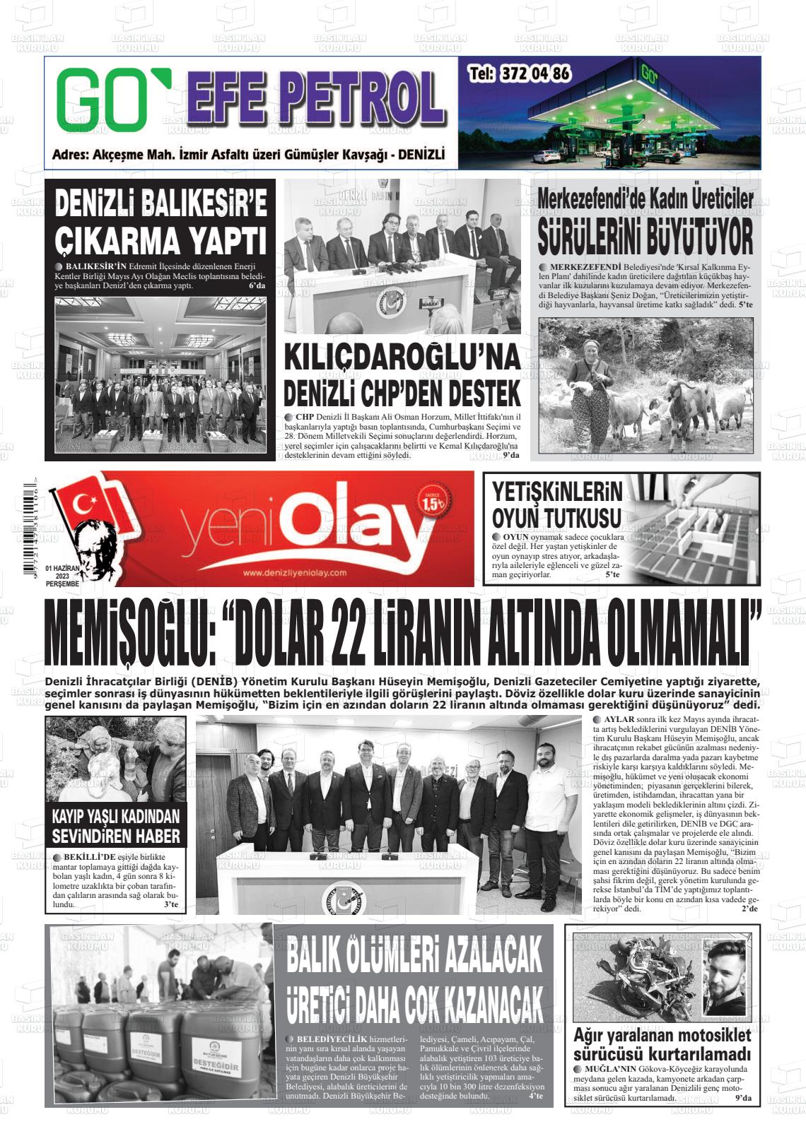 01 Haziran 2023 Denizli Yeni Olay Gazete Manşeti