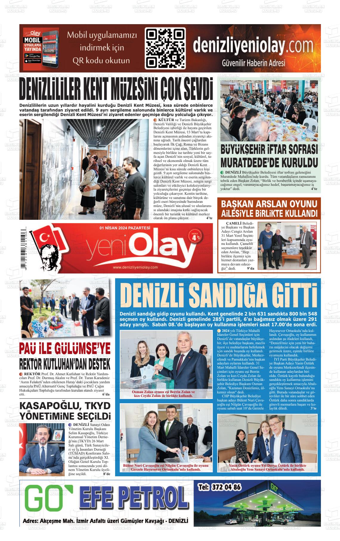 01 Nisan 2024 Denizli Yeni Olay Gazete Manşeti