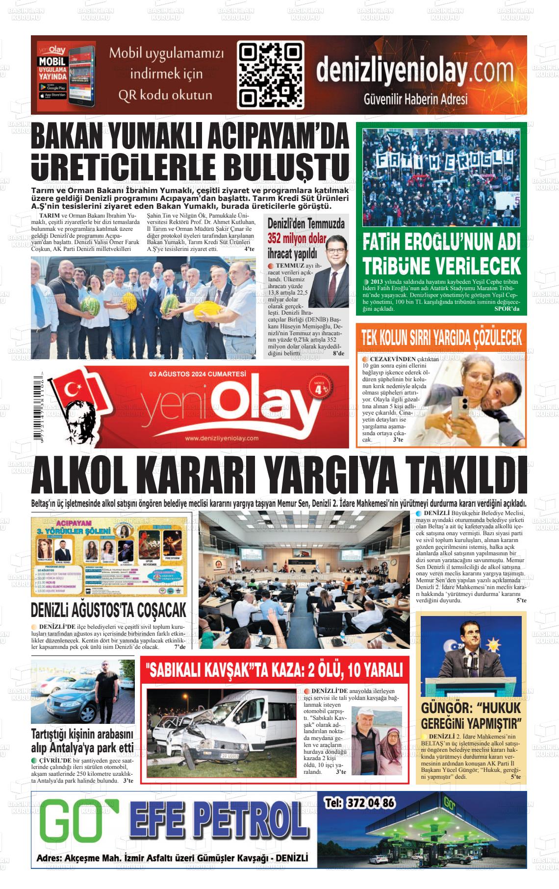 03 Ağustos 2024 Denizli Yeni Olay Gazete Manşeti