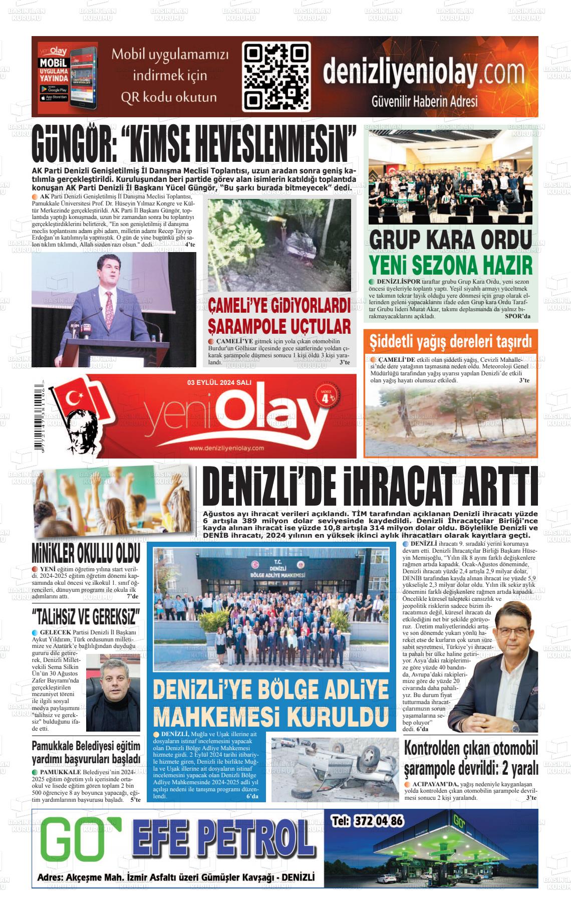 03 Eylül 2024 Denizli Yeni Olay Gazete Manşeti