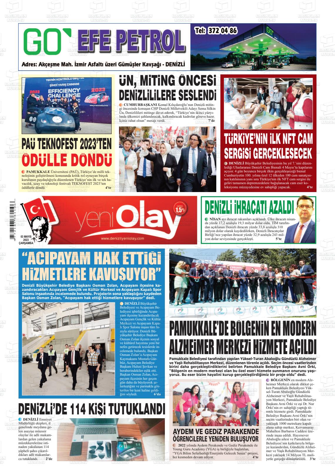 03 Mayıs 2023 Denizli Yeni Olay Gazete Manşeti