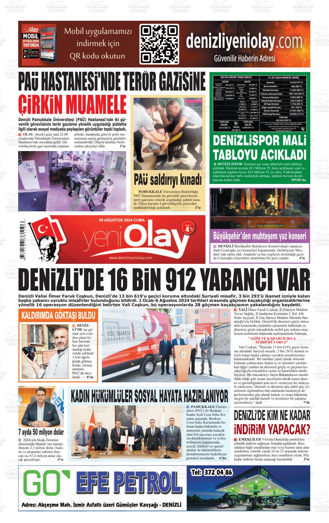 09 Ağustos 2024 Denizli Yeni Olay Gazete Manşeti